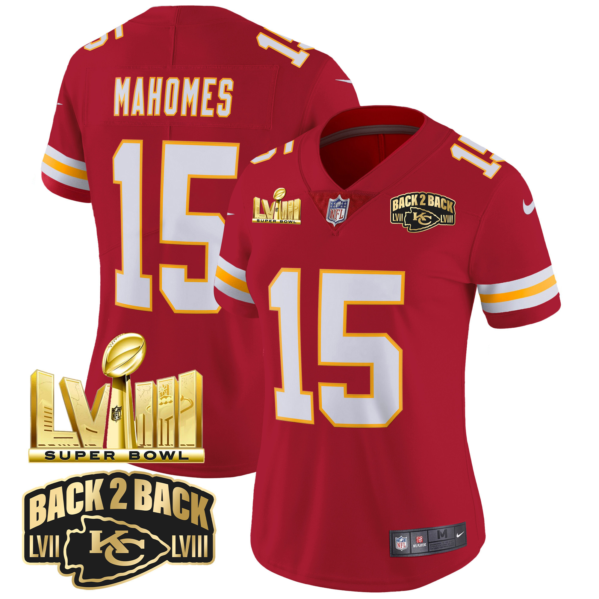 Patrick Mahomes Women's Kansas City Chiefs Super Bowl LVIII & Back 2 Back Gold Patch Vapor Red Jersey - All Stitched 