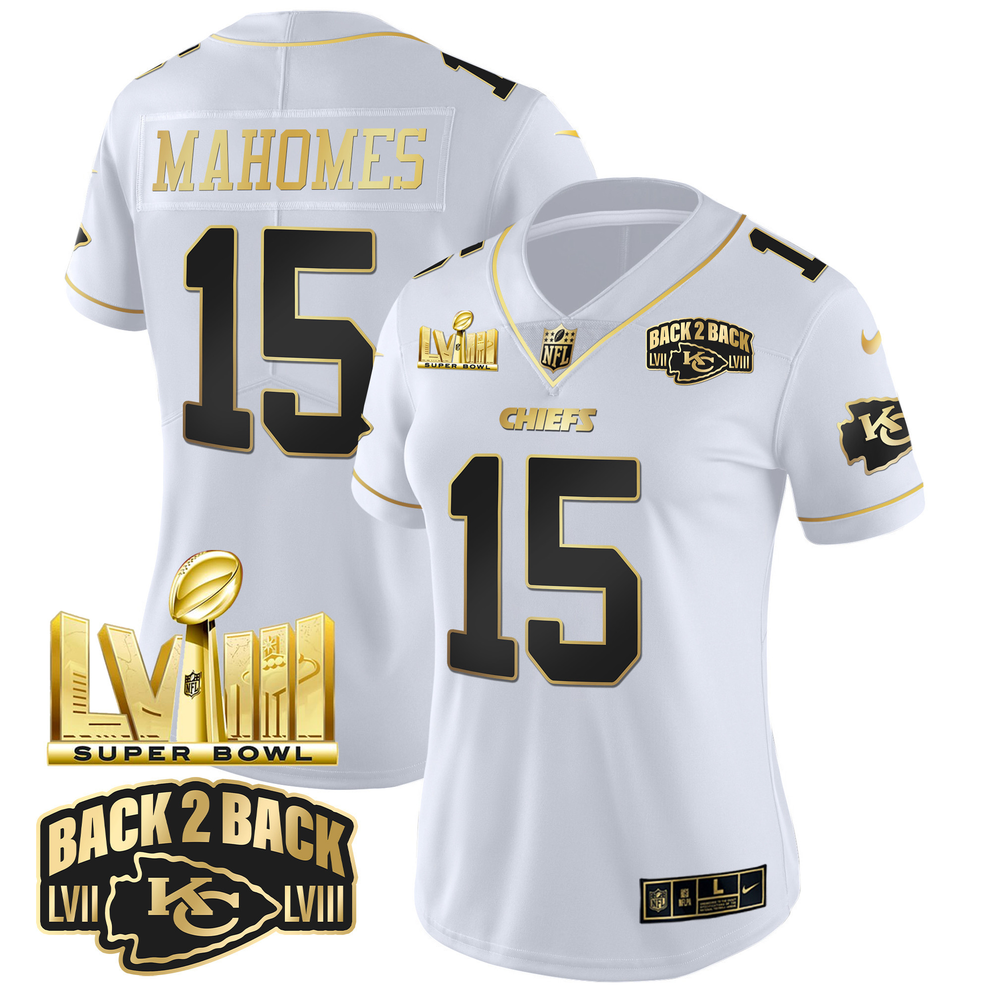 Patrick Mahomes Women's Kansas City Chiefs Super Bowl LVIII & Back 2 Back Gold Patch Vapor White Gold Jersey - All Stitched 