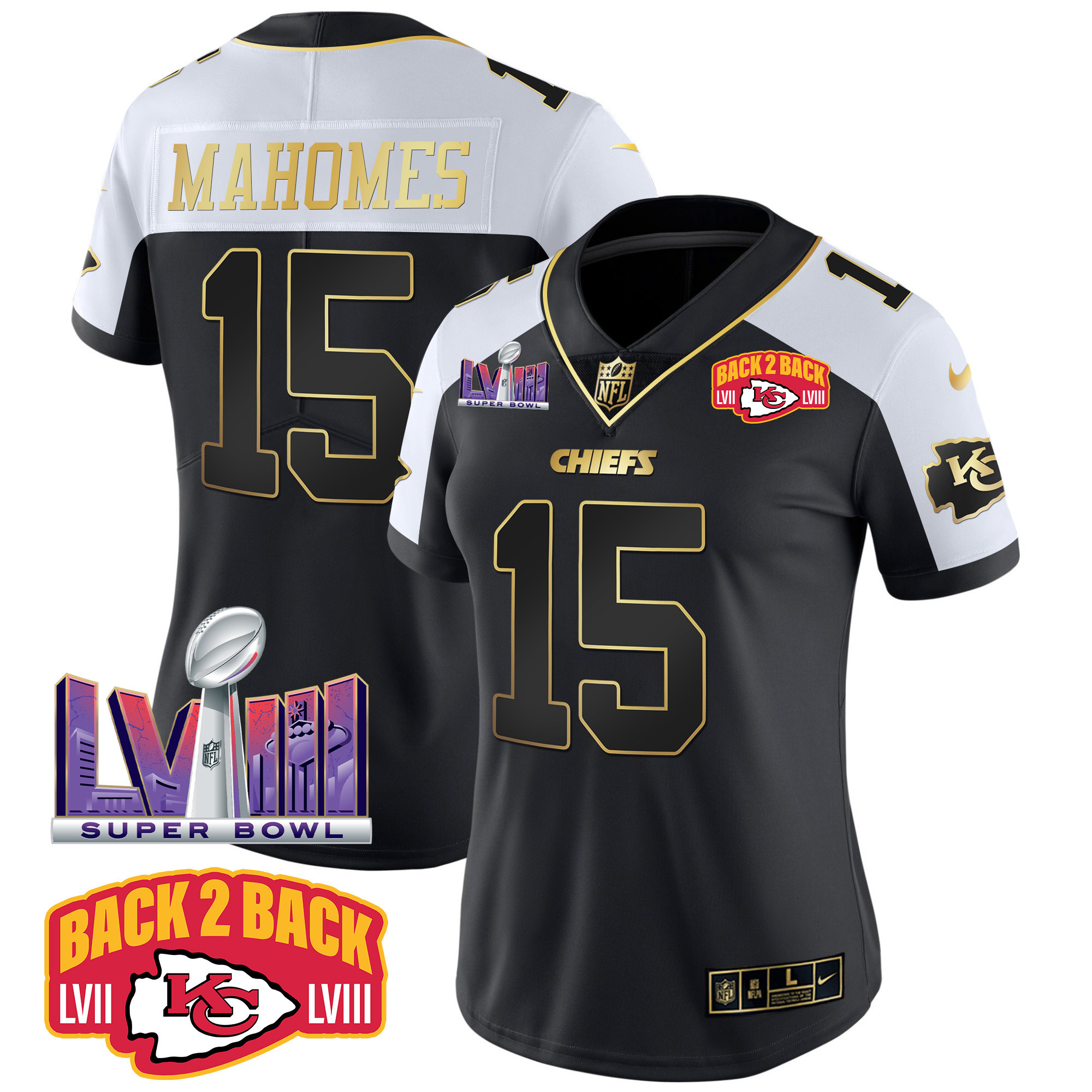 Patrick Mahomes Women's Kansas City Chiefs Super Bowl LVIII & Back 2 Back Patch Vapor Alternate Jersey - All Stitched 