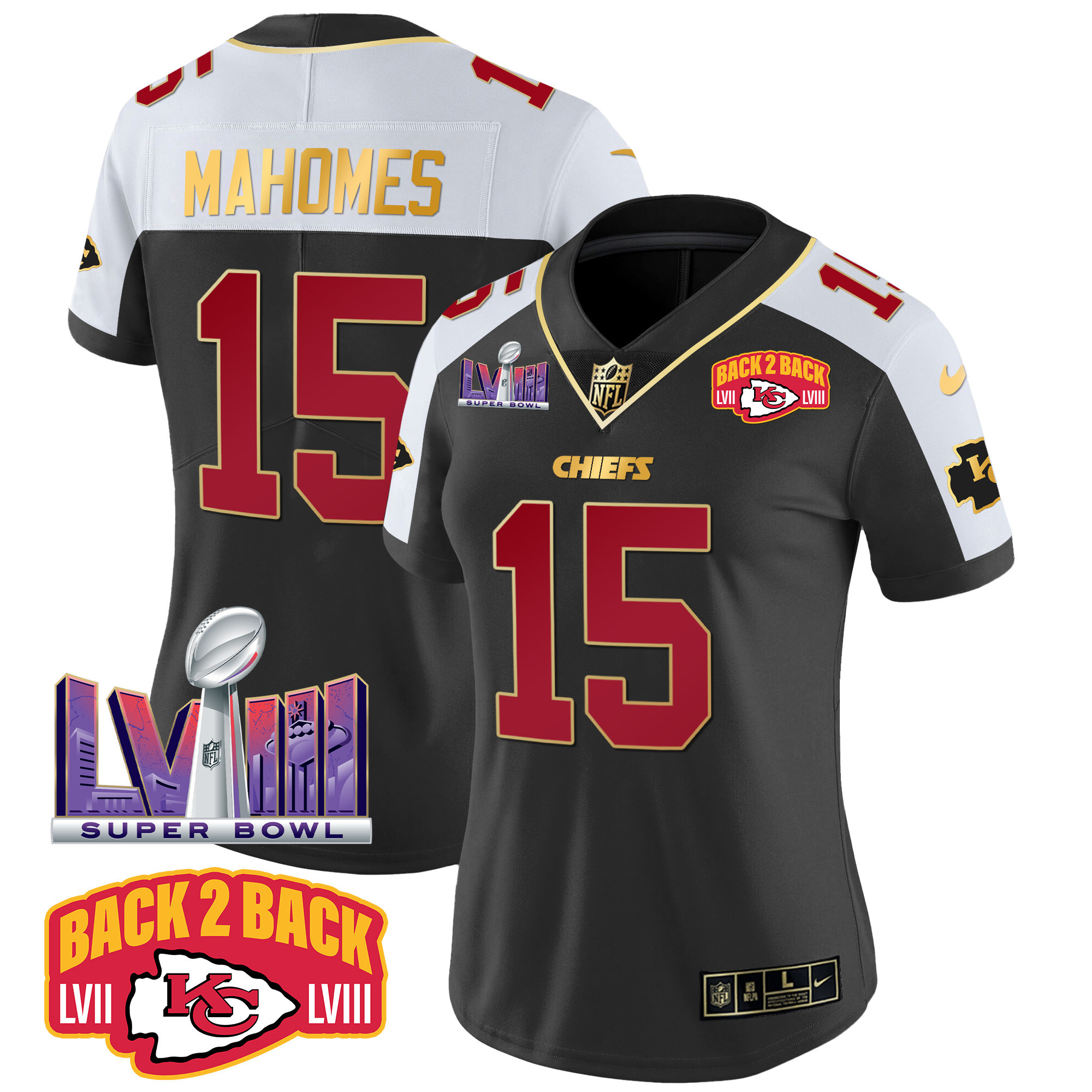 Patrick Mahomes Women's Kansas City Chiefs Super Bowl LVIII & Back 2 Back Patch Vapor Black Alternate Jersey - All Stitched 