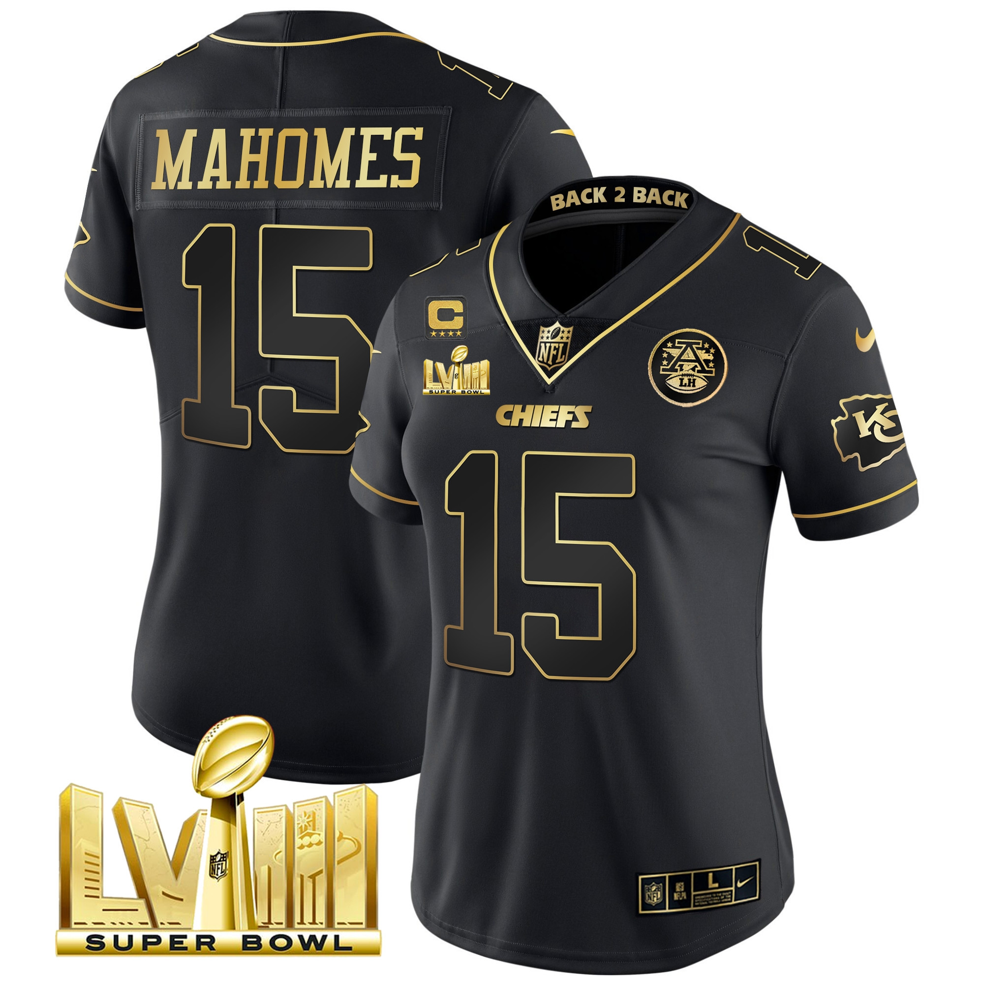 Patrick Mahomes Women's Kansas City Chiefs Super Bowl LVIII & Back 2 Back Patch Vapor Black Gold Jersey - All Stitched 