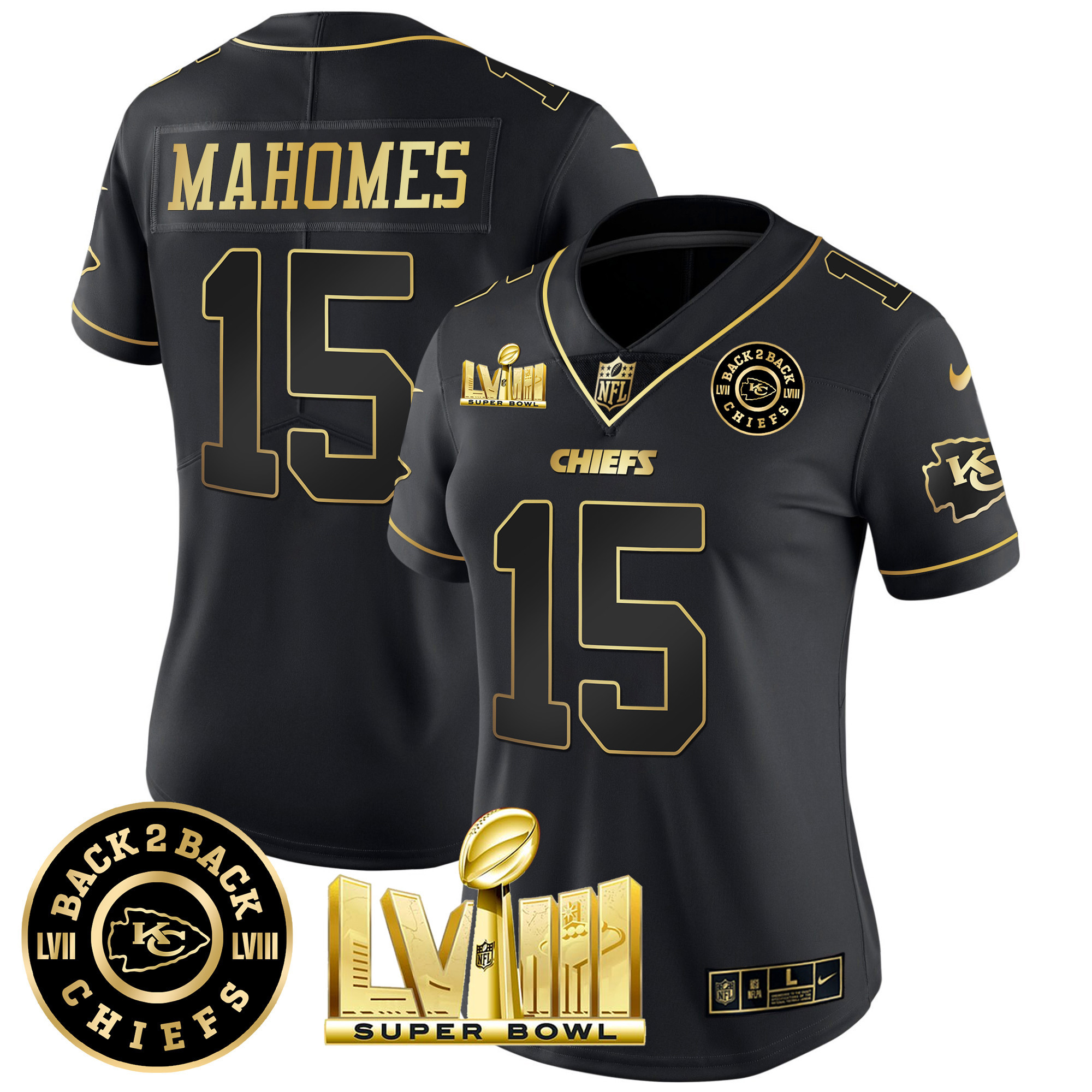 Patrick Mahomes Women's Kansas City Chiefs Super Bowl LVIII & Back 2 Back Patch Vapor Black Gold Jersey - All Stitched 