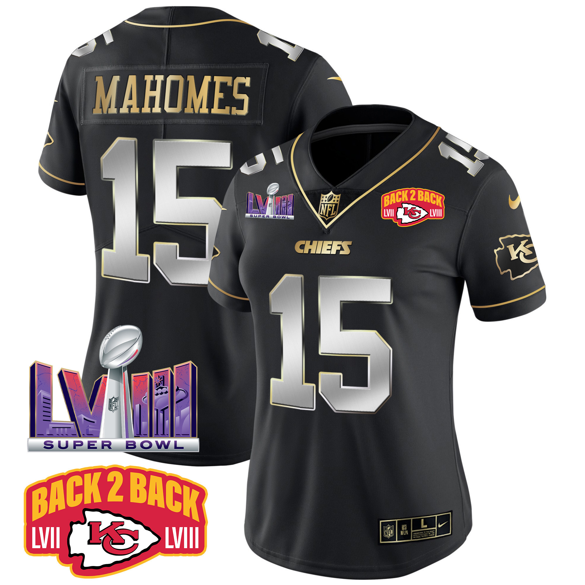 Patrick Mahomes Women's Kansas City Chiefs Super Bowl LVIII & Back 2 Back Patch Vapor Black Limited Jersey - All Stitched 