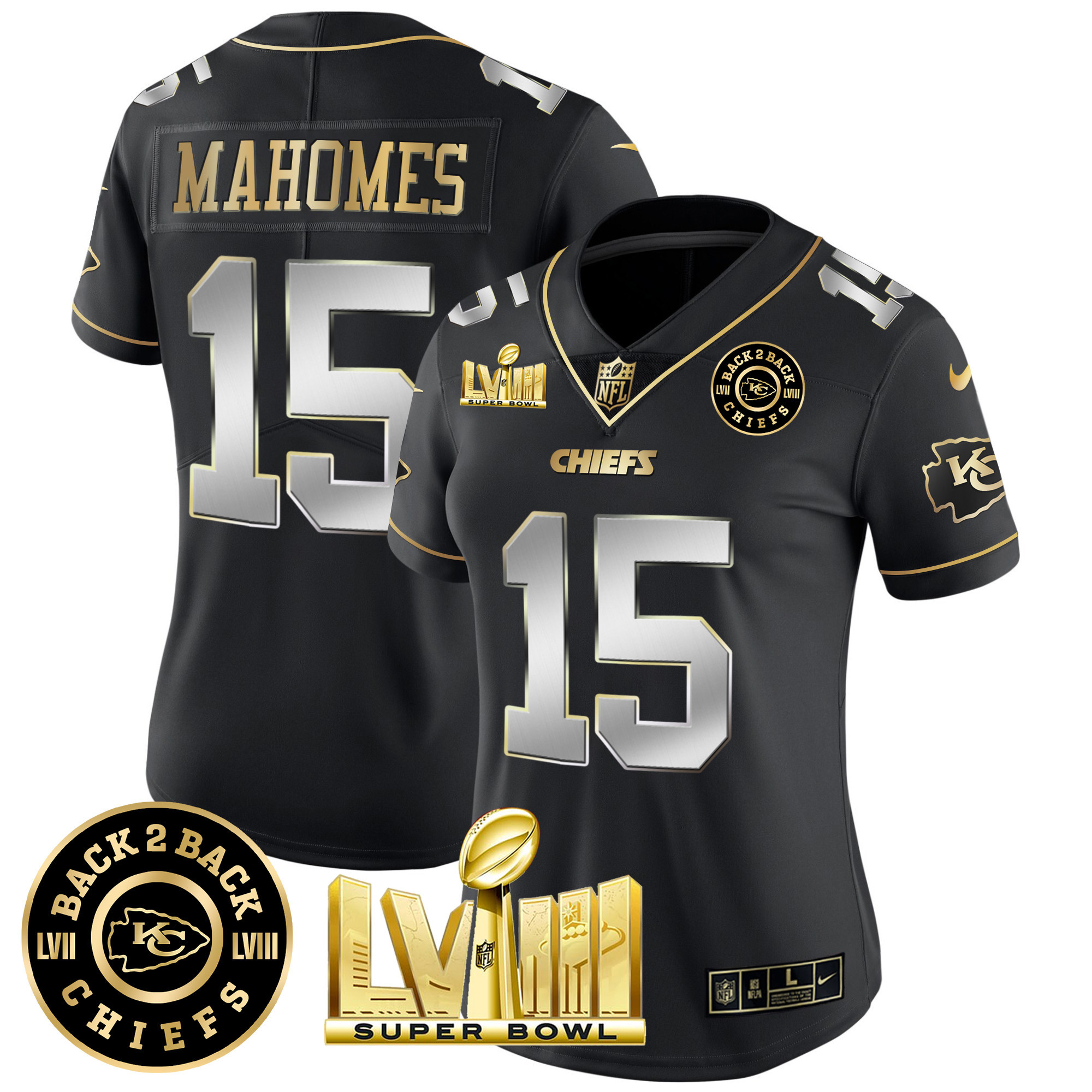 Patrick Mahomes Women's Kansas City Chiefs Super Bowl LVIII & Back 2 Back Patch Vapor Black Limited Jersey - All Stitched 