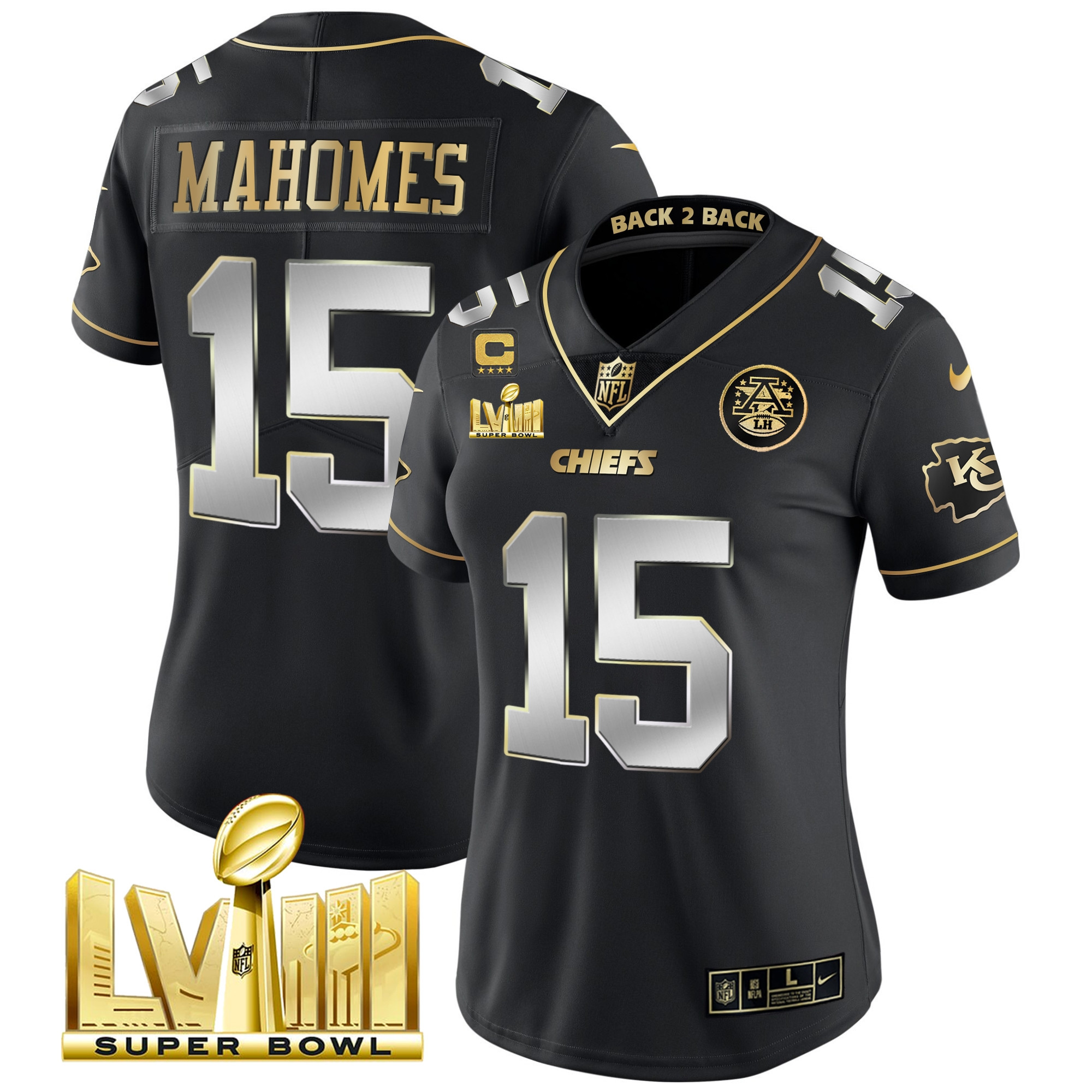 Patrick Mahomes Women's Kansas City Chiefs Super Bowl LVIII & Back 2 Back Patch Vapor Black Limited Jersey - All Stitched 