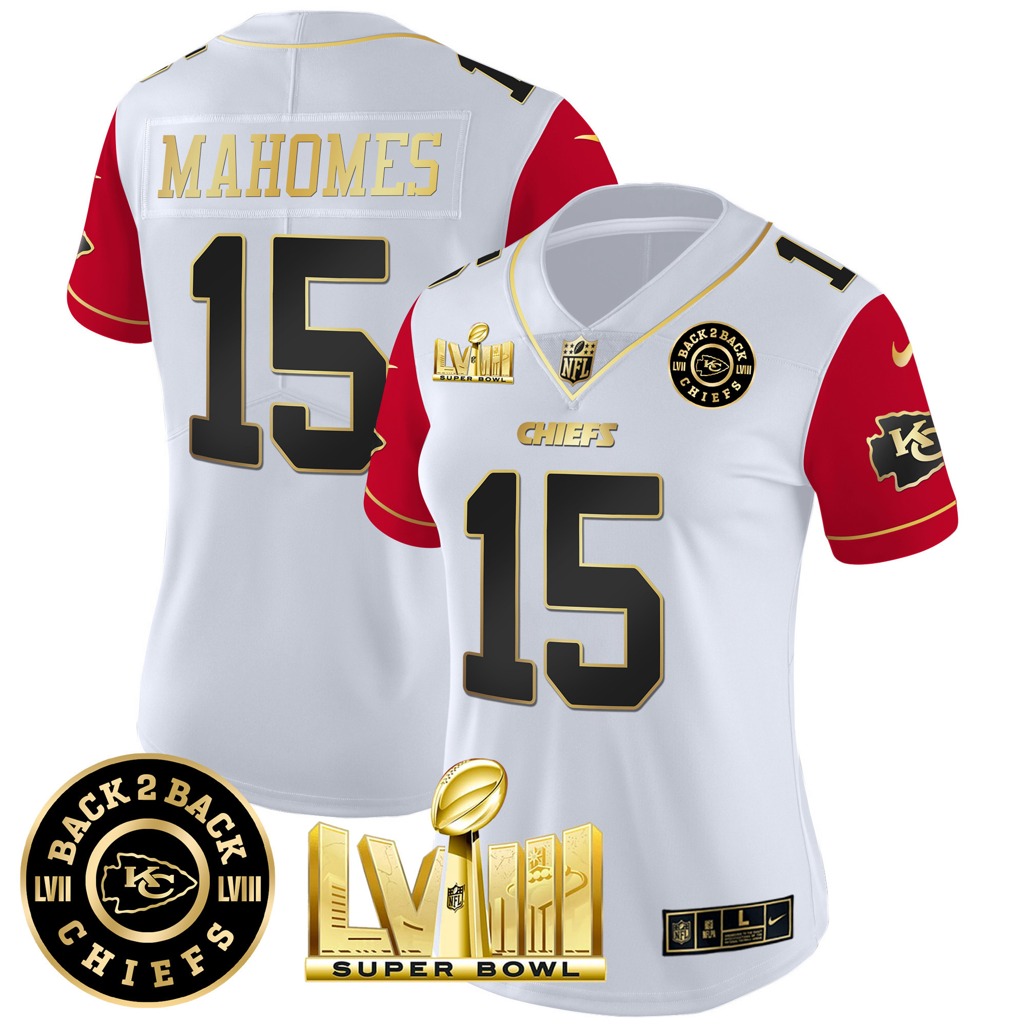 Patrick Mahomes Women's Kansas City Chiefs Super Bowl LVIII & Back 2 Back Patch Vapor Color Sleeves Jersey - All Stitched 