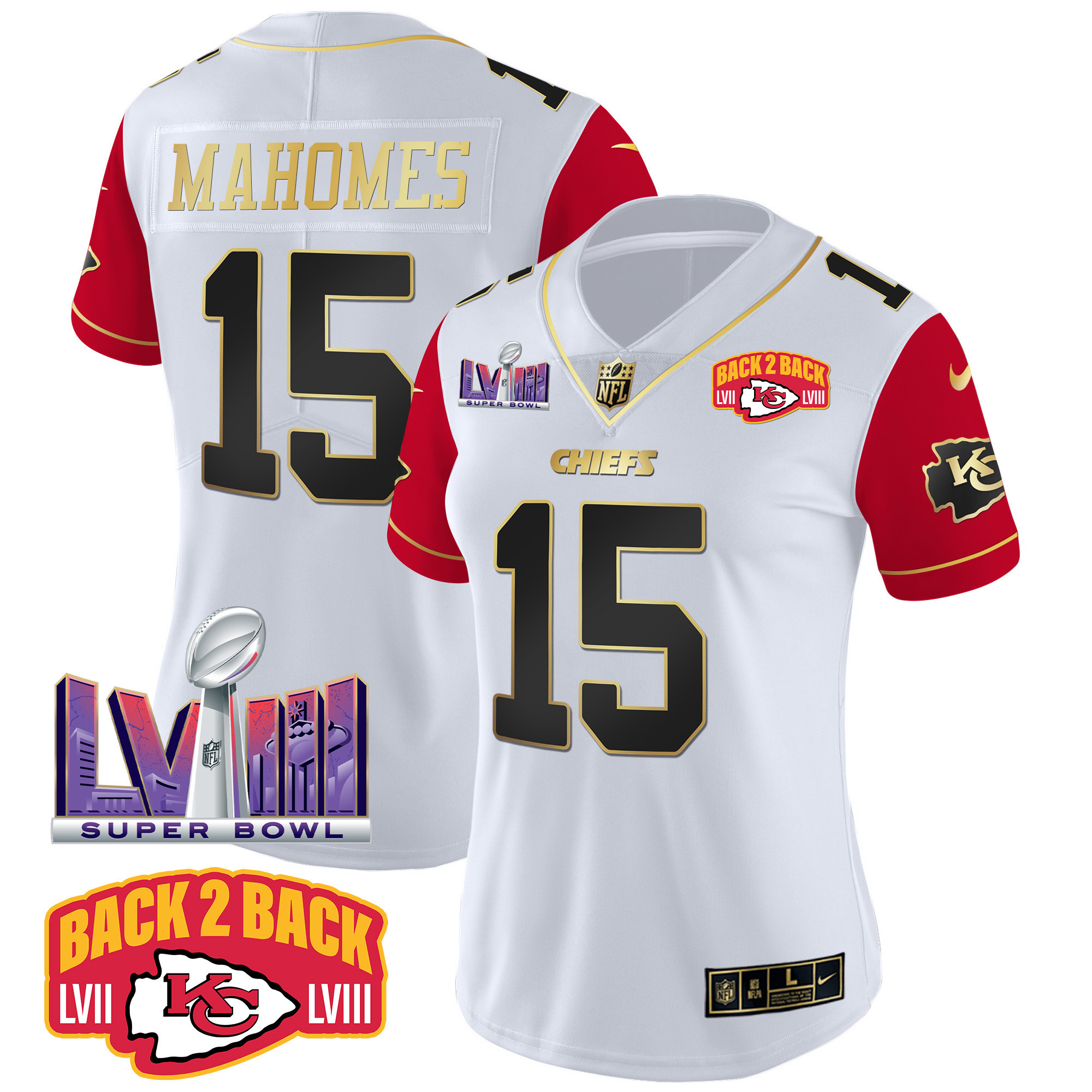 Patrick Mahomes Women's Kansas City Chiefs Super Bowl LVIII & Back 2 Back Patch Vapor Color Sleeves Jersey - All Stitched 