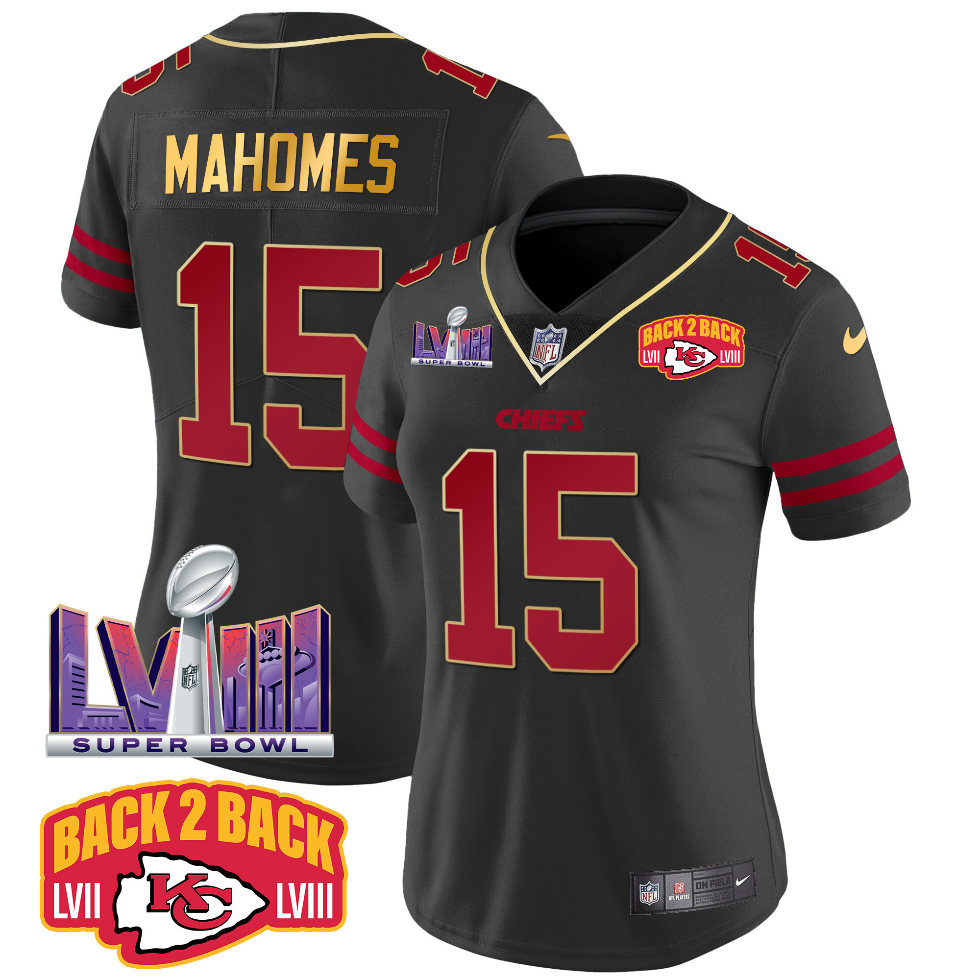 Patrick Mahomes Women's Kansas City Chiefs Super Bowl LVIII & Back 2 Back Patch Vapor Gold Trim Jersey - All Stitched 