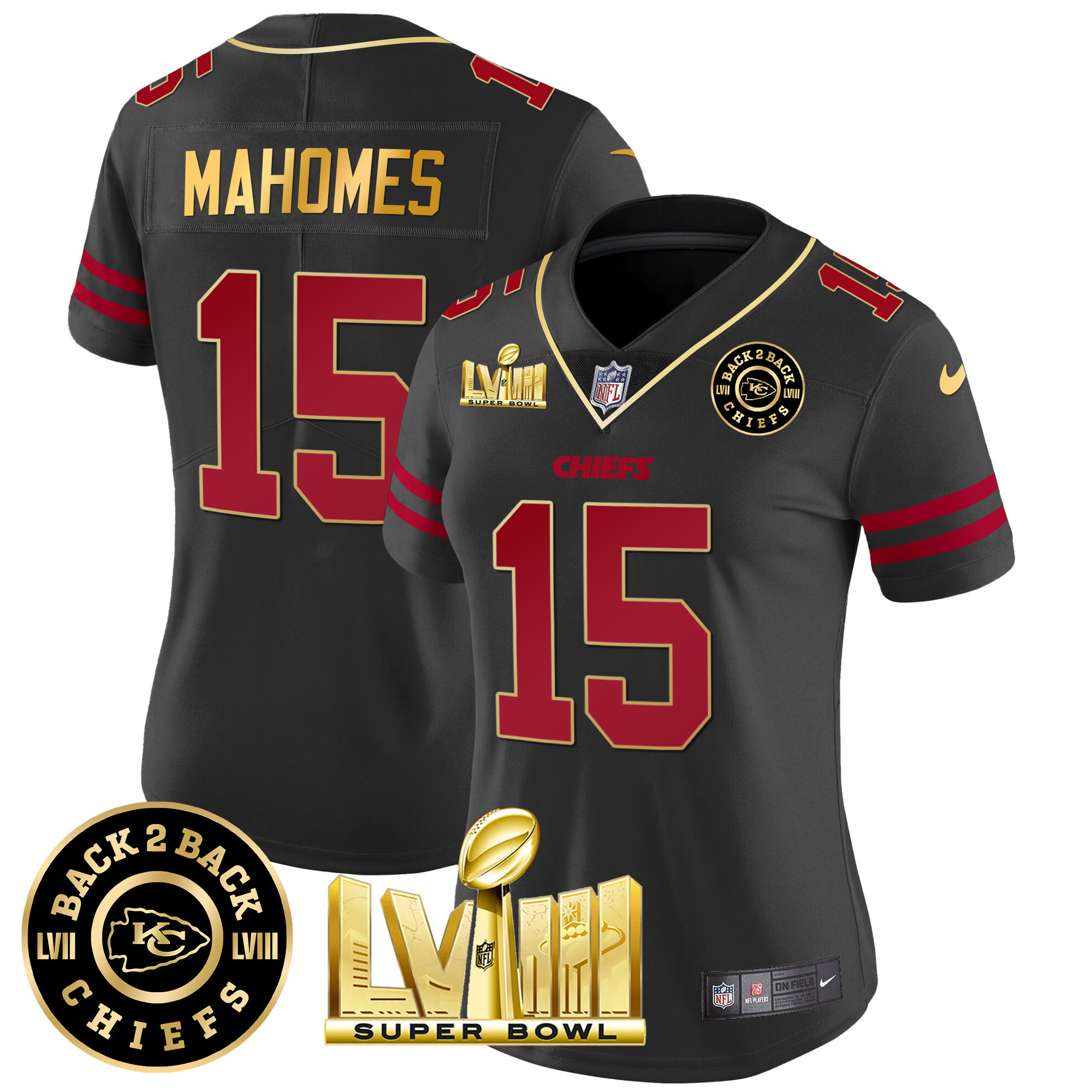 Patrick Mahomes Women's Kansas City Chiefs Super Bowl LVIII & Back 2 Back Patch Vapor Gold Trim Jersey - All Stitched 