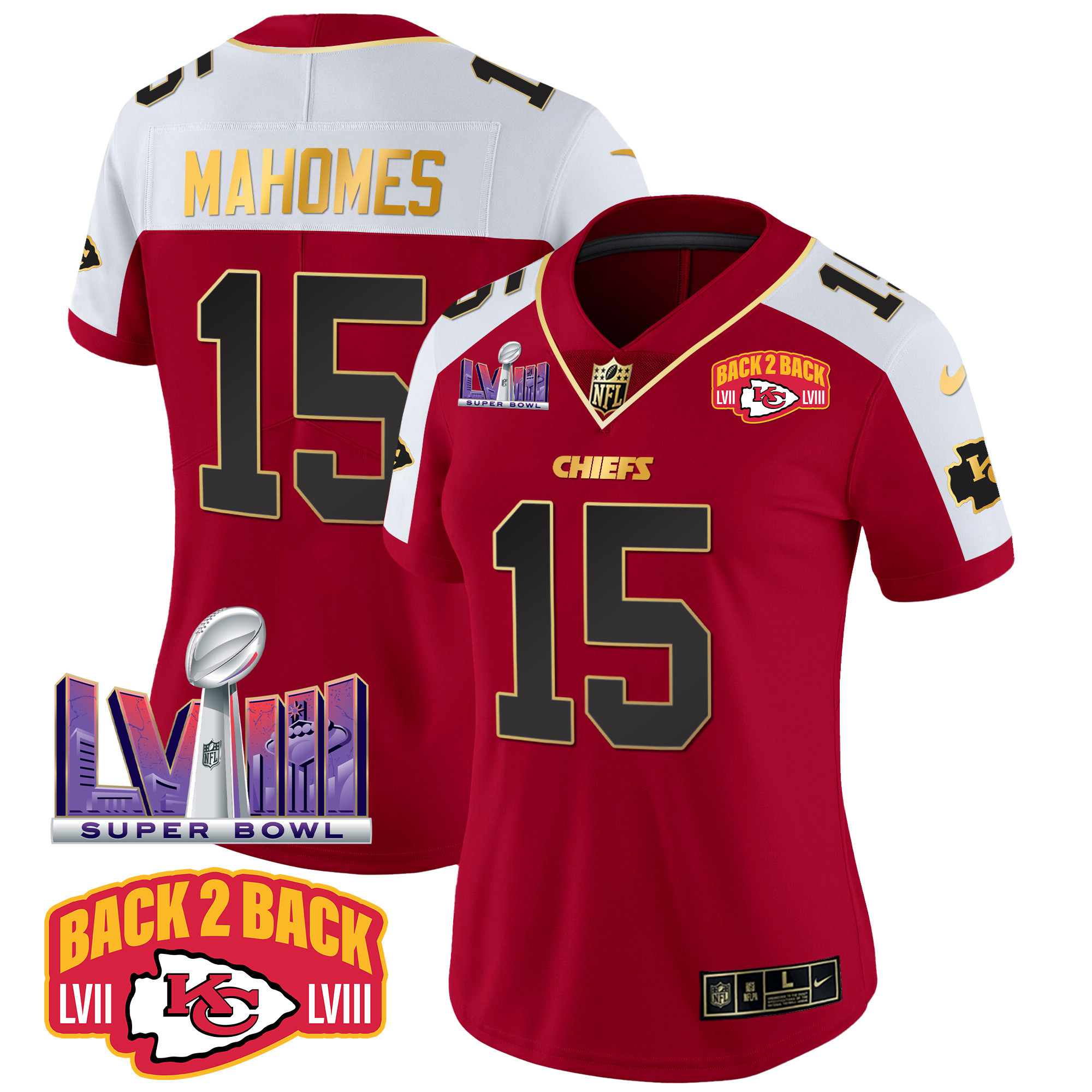 Patrick Mahomes Women's Kansas City Chiefs Super Bowl LVIII & Back 2 Back Patch Vapor Red Alternate Jersey - All Stitched 