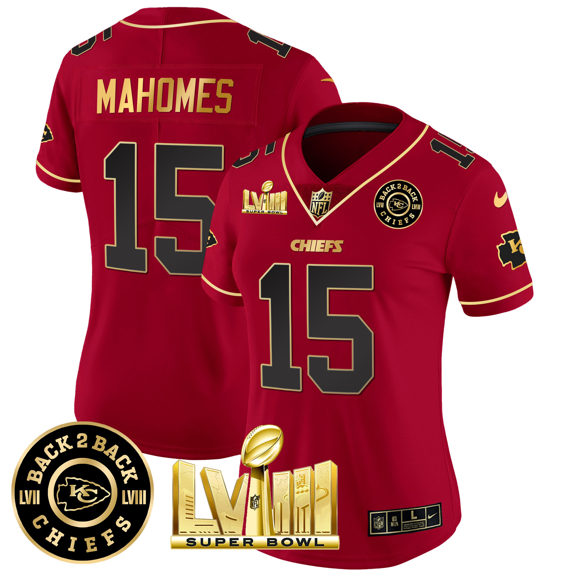 Patrick Mahomes Women's Kansas City Chiefs Super Bowl LVIII & Back 2 Back Patch Vapor Red Special Jersey - All Stitched 