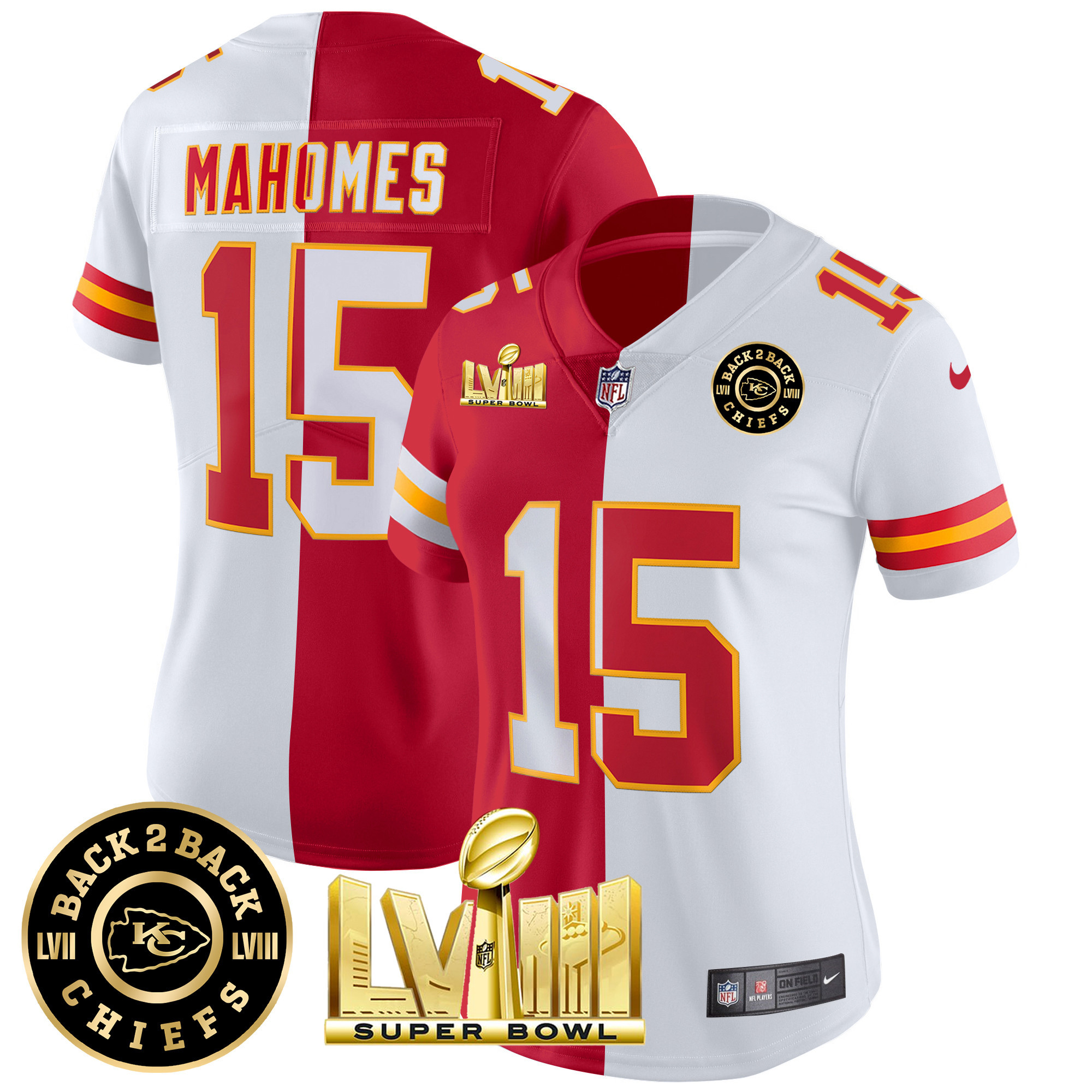 Patrick Mahomes Women's Kansas City Chiefs Super Bowl LVIII & Back 2 Back Patch Vapor Split Jersey - All Stitched 
