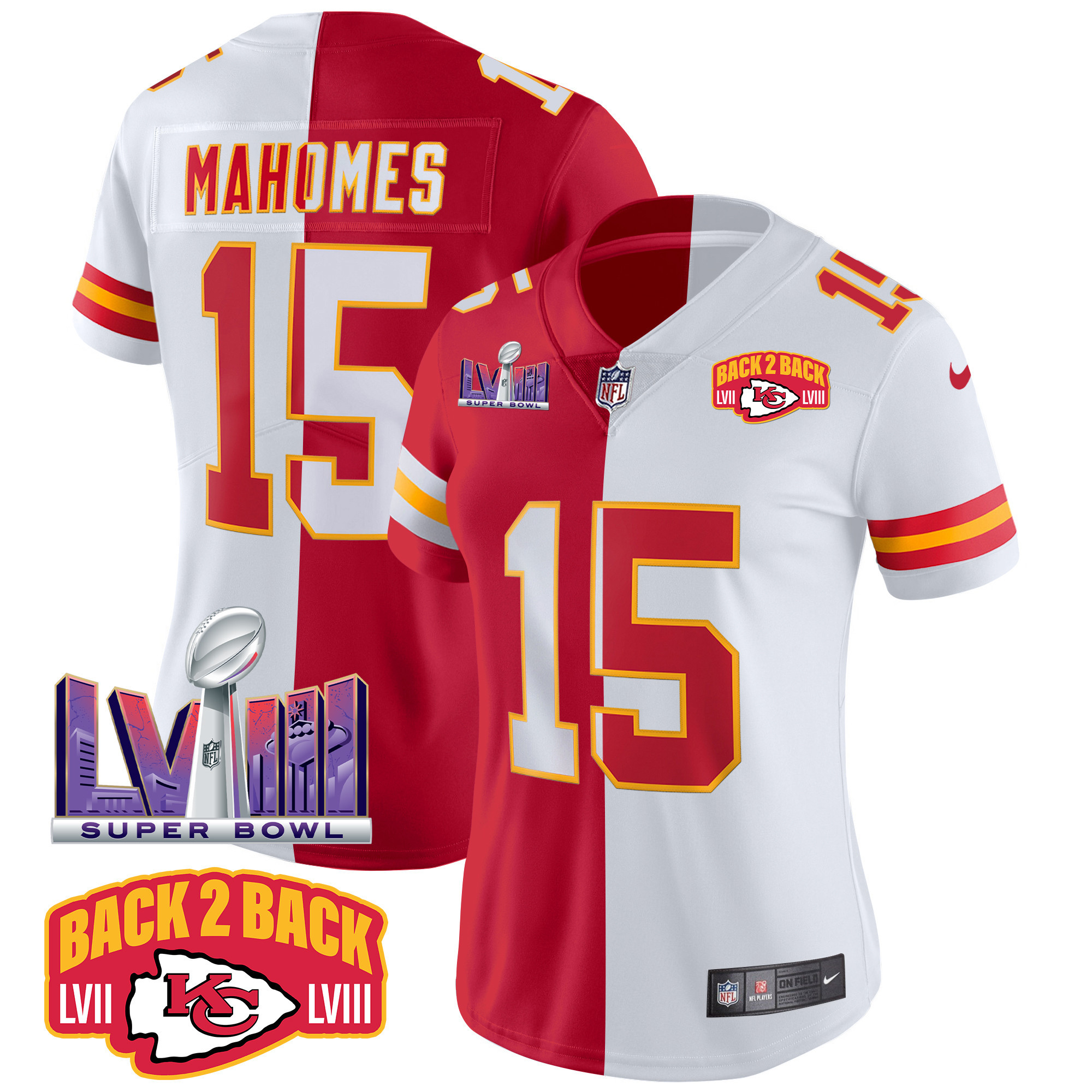 Patrick Mahomes Women's Kansas City Chiefs Super Bowl LVIII & Back 2 Back Patch Vapor Split Jersey - All Stitched 