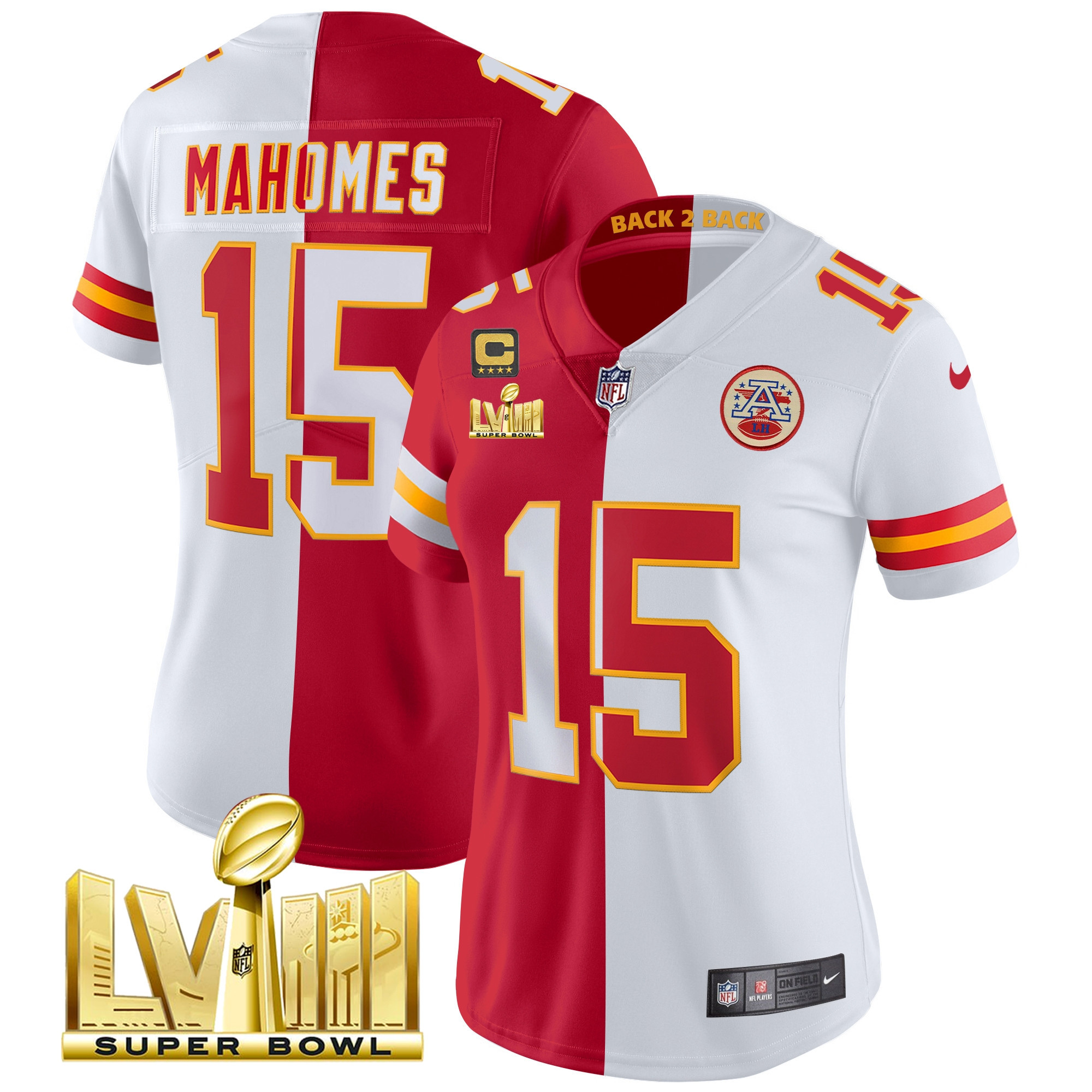 Patrick Mahomes Women's Kansas City Chiefs Super Bowl LVIII & Back 2 Back Patch Vapor Split Jersey - All Stitched 