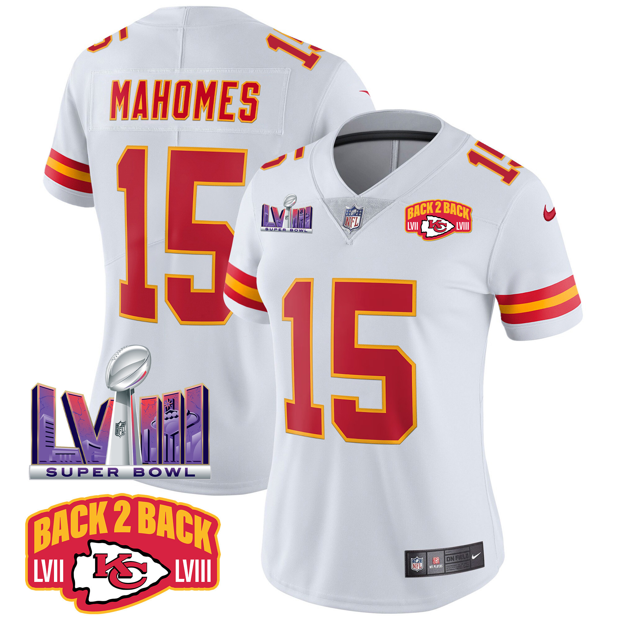 Patrick Mahomes Women's Kansas City Chiefs Super Bowl LVIII & Back 2 Back Patch Vapor White Jersey - All Stitched 