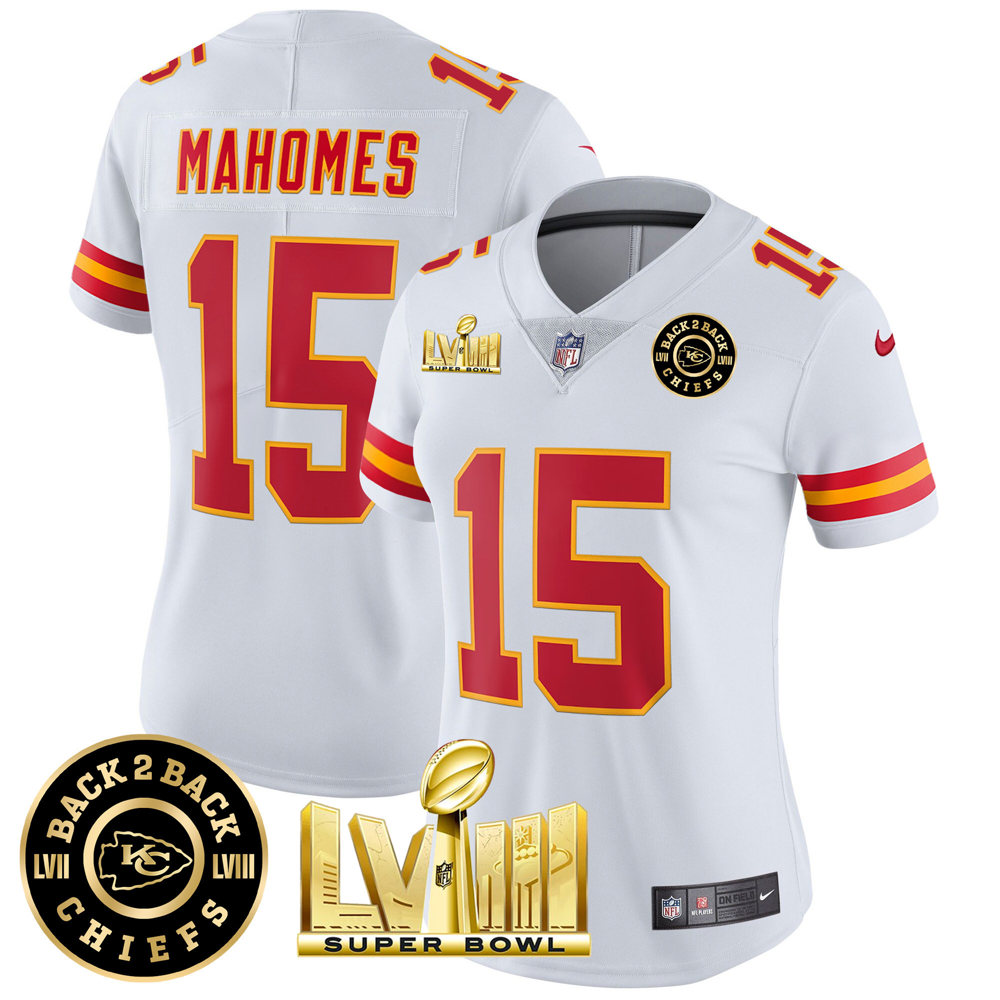 Patrick Mahomes Women's Kansas City Chiefs Super Bowl LVIII & Back 2 Back Patch Vapor White Jersey - All Stitched 