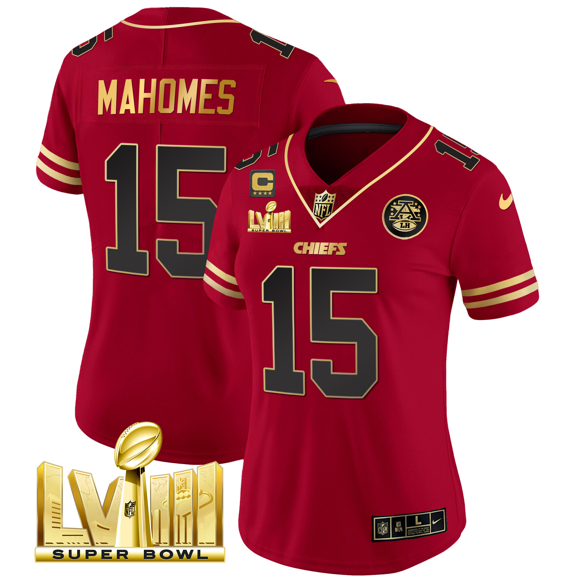 Patrick Mahomes Women's Kansas City Chiefs Super Bowl LVIII Gold Patch Vapor Black Red Jersey - All Stitched 