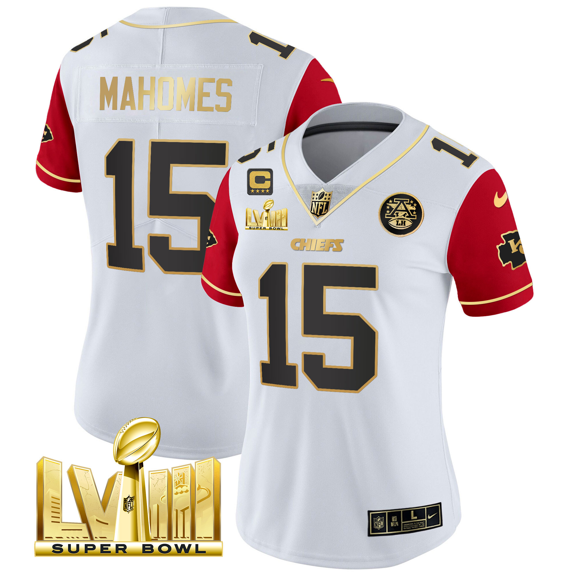 Patrick Mahomes Women's Kansas City Chiefs Super Bowl LVIII Gold Patch Vapor Color Sleeves Jersey - All Stitched 