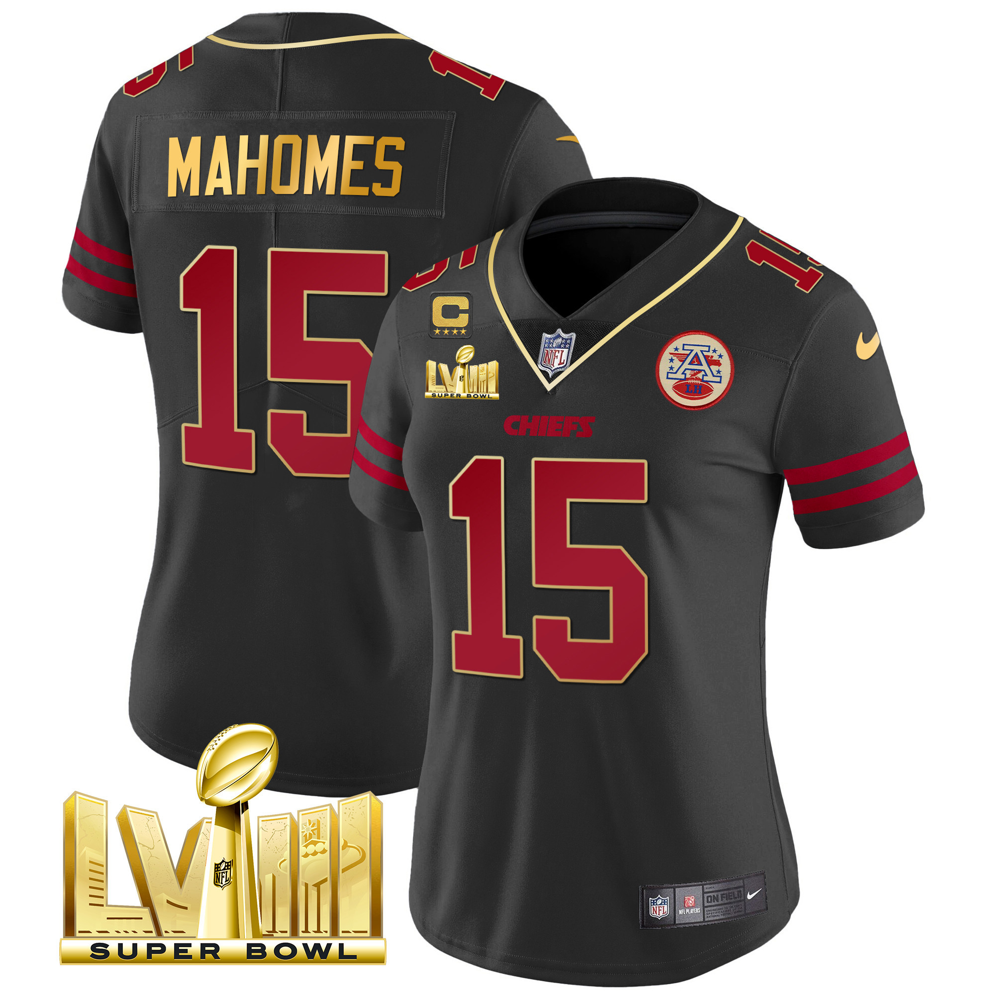 Patrick Mahomes Women's Kansas City Chiefs Super Bowl LVIII Gold Patch Vapor Gold Trim Jersey - All Stitched 