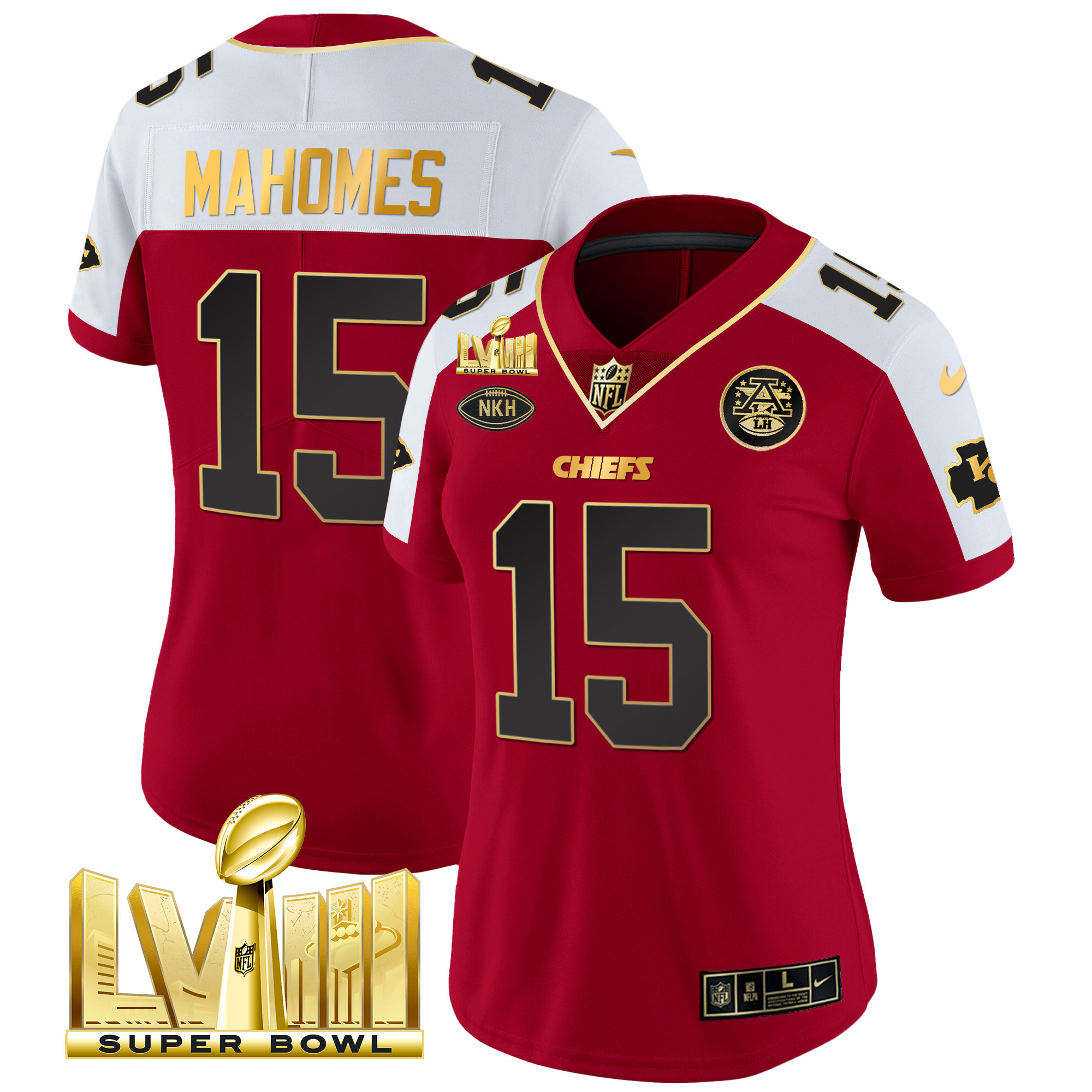 Patrick Mahomes Women's Kansas City Chiefs Super Bowl LVIII Gold Patch Vapor Red Alternate Jersey - All Stitched 