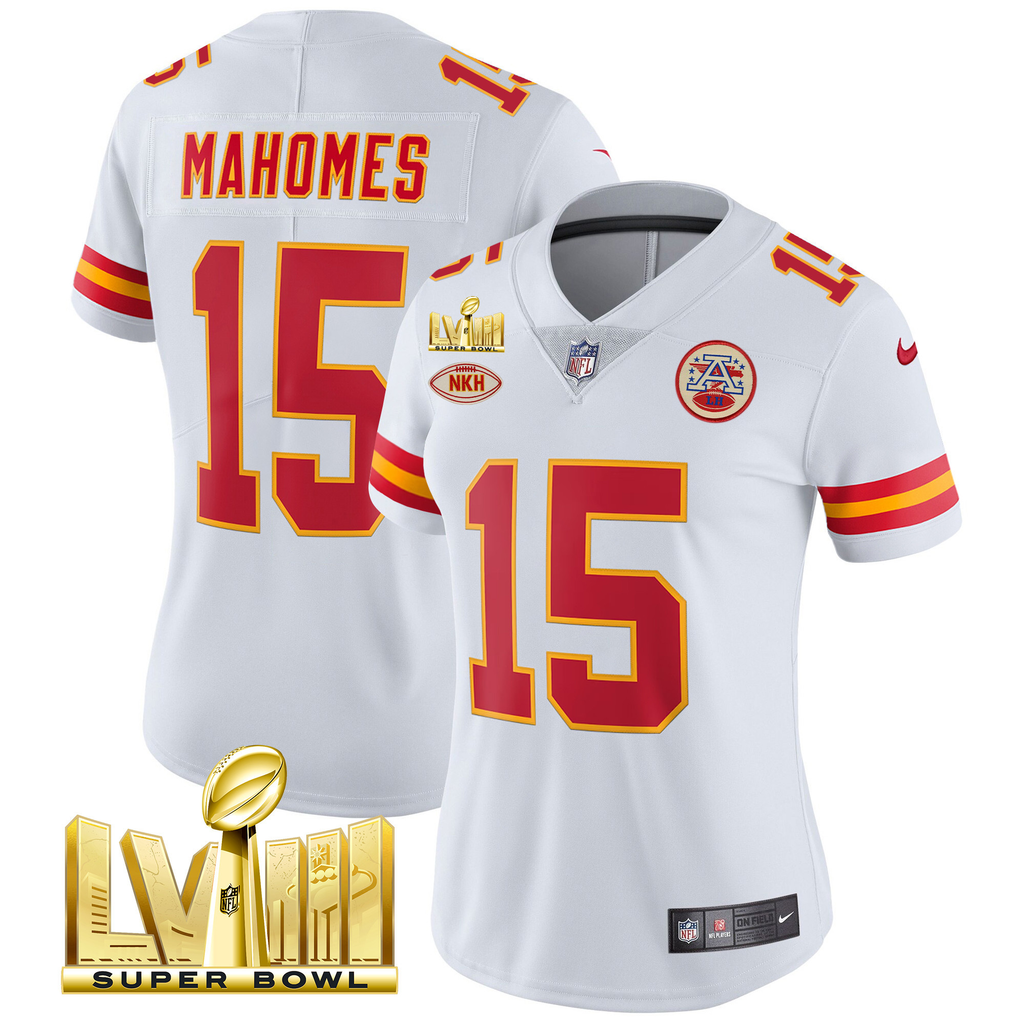Patrick Mahomes Women's Kansas City Chiefs Super Bowl LVIII Gold Patch Vapor White Jersey - All Stitched 