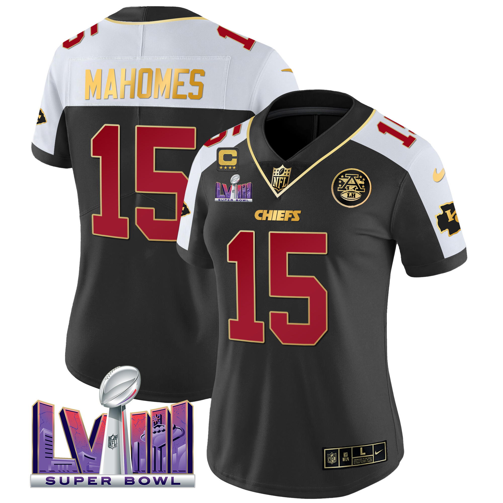 Patrick Mahomes Women's Kansas City Chiefs Super Bowl LVIII Patch Vapor Black Alternate Jersey - All Stitched 