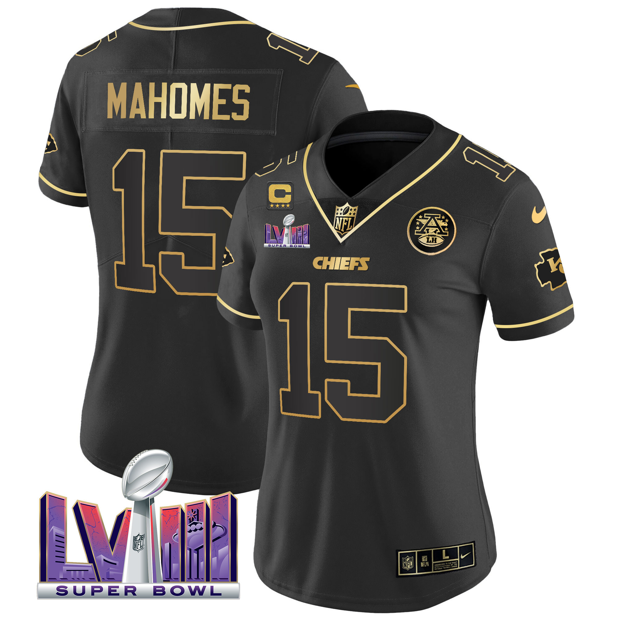 Patrick Mahomes Women's Kansas City Chiefs Super Bowl LVIII Patch Vapor Black Gold Jersey - All Stitched 