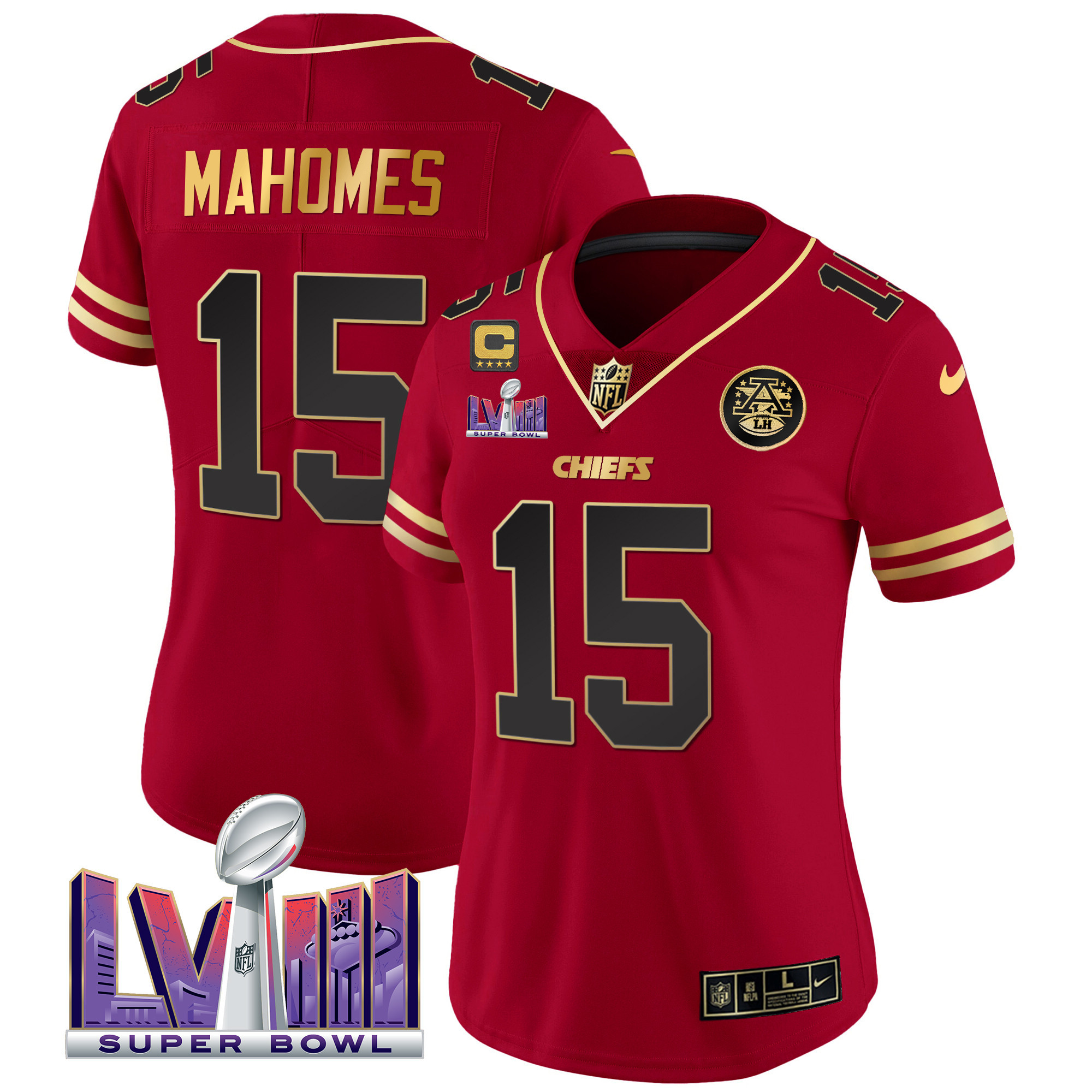 Patrick Mahomes Women's Kansas City Chiefs Super Bowl LVIII Patch Vapor Black Red Jersey - All Stitched 