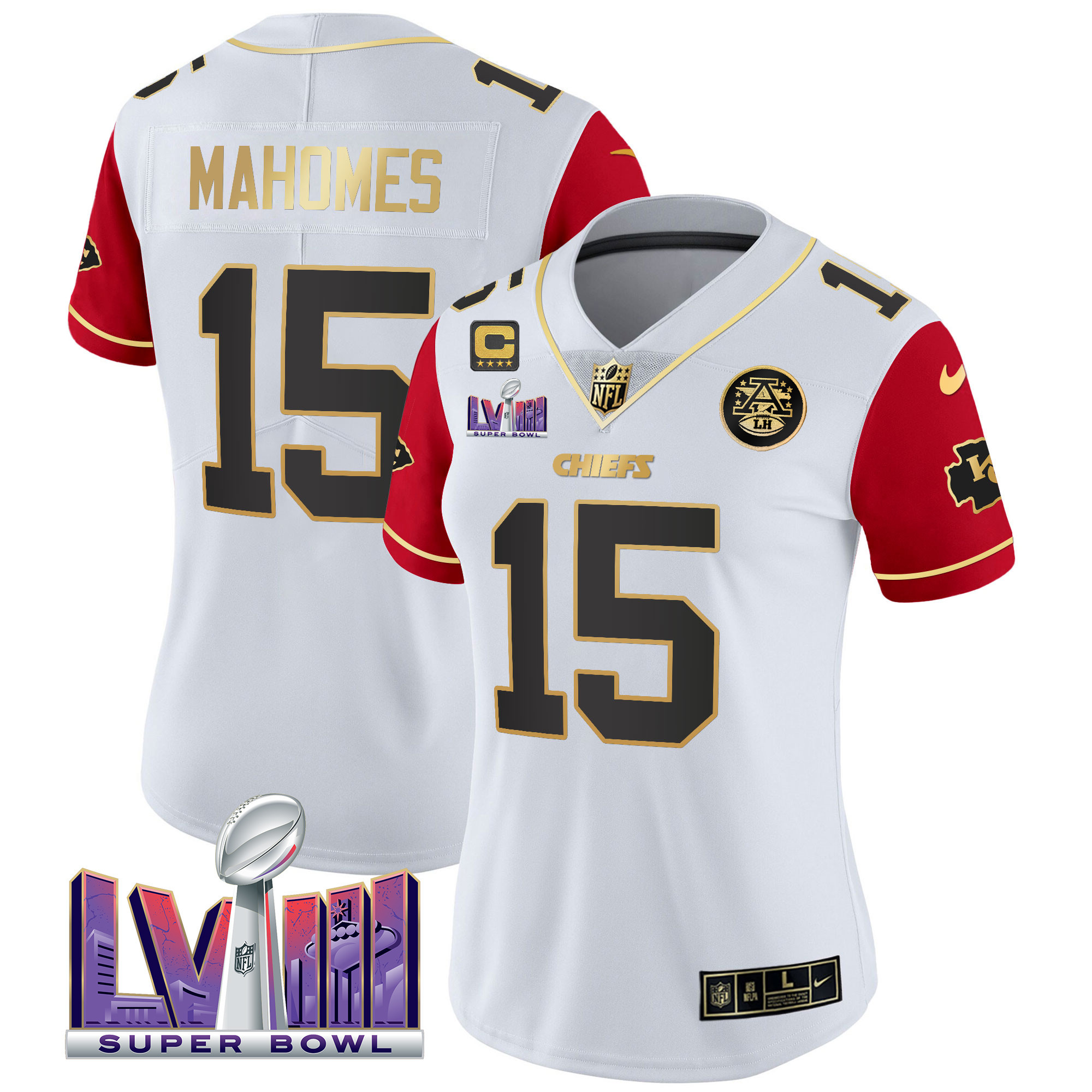 Patrick Mahomes Women's Kansas City Chiefs Super Bowl LVIII Patch Vapor Color Sleeves Jersey - All Stitched 