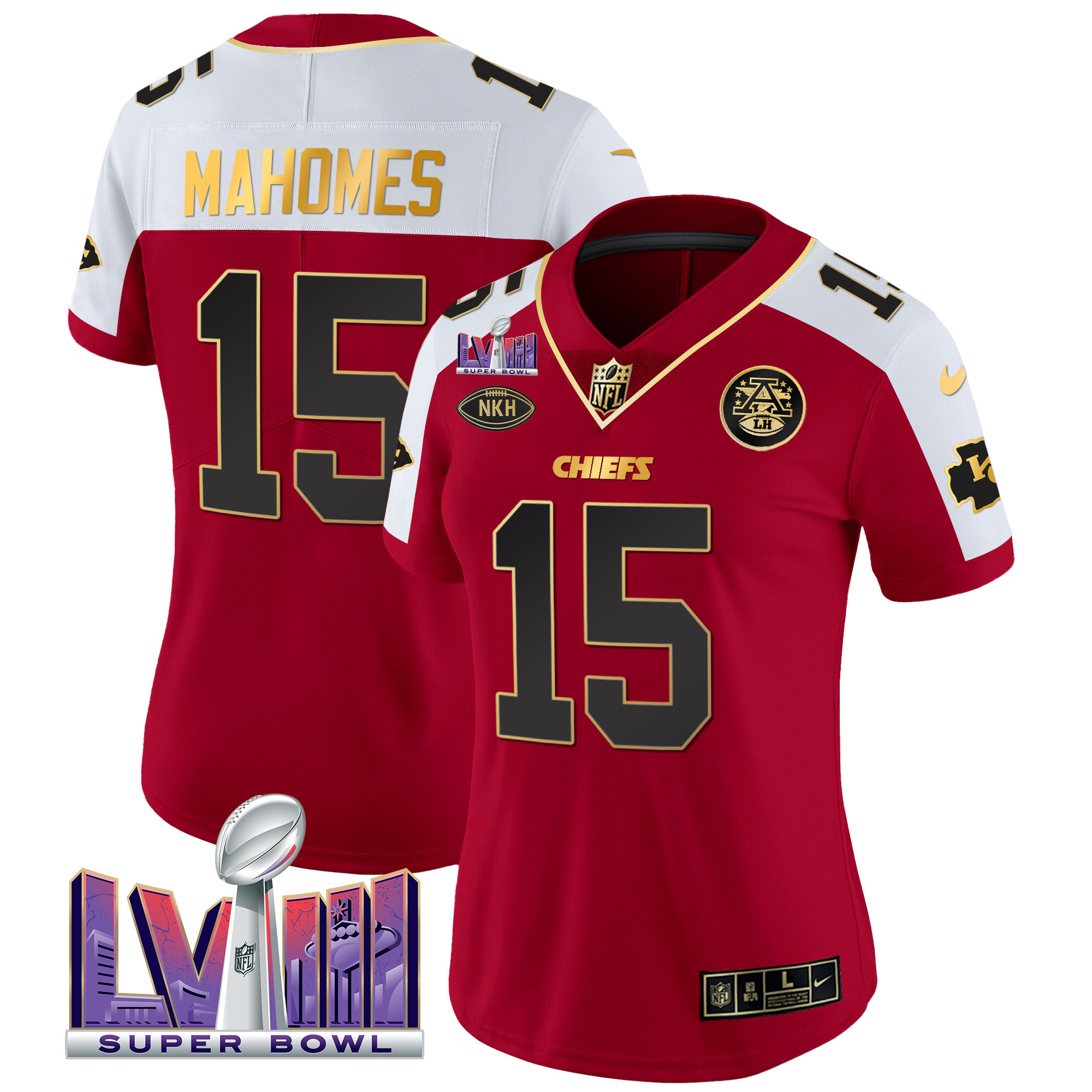 Patrick Mahomes Women's Kansas City Chiefs Super Bowl LVIII Patch Vapor Red Alternate Jersey - All Stitched 