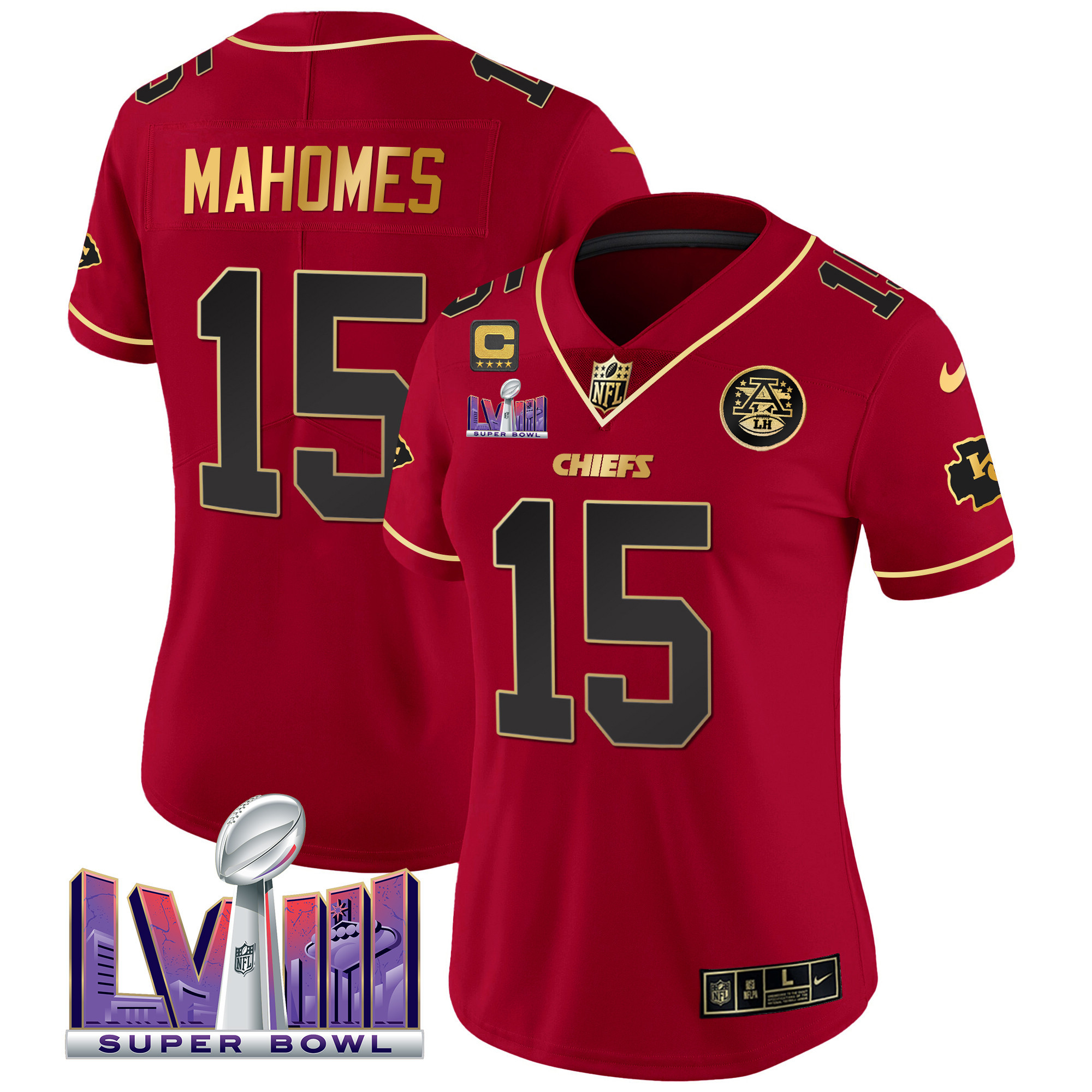 Patrick Mahomes Women's Kansas City Chiefs Super Bowl LVIII Patch Vapor Red Special Jersey - All Stitched 