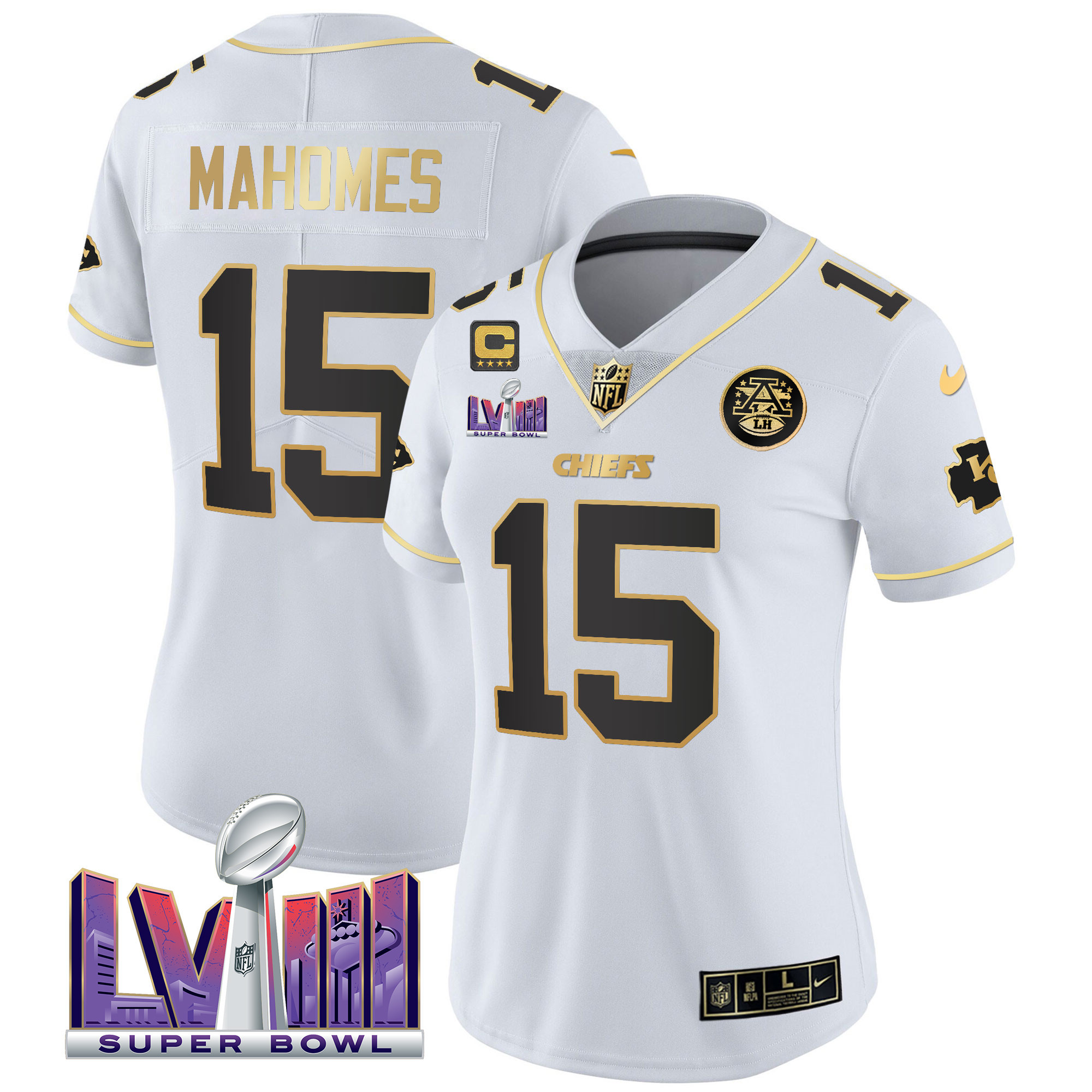 Patrick Mahomes Women's Kansas City Chiefs Super Bowl LVIII Patch Vapor White Gold Jersey - All Stitched 