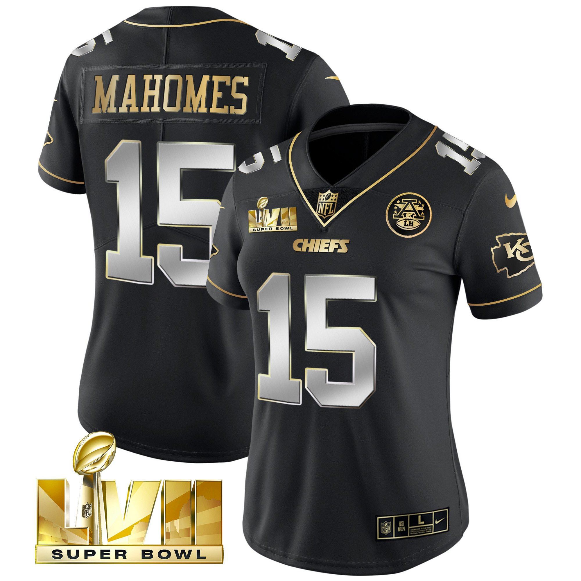Patrick Mahomes Women's Kansas City Chiefs Super Bowl Vapor Gold Black Limited Jersey - All Stitched 