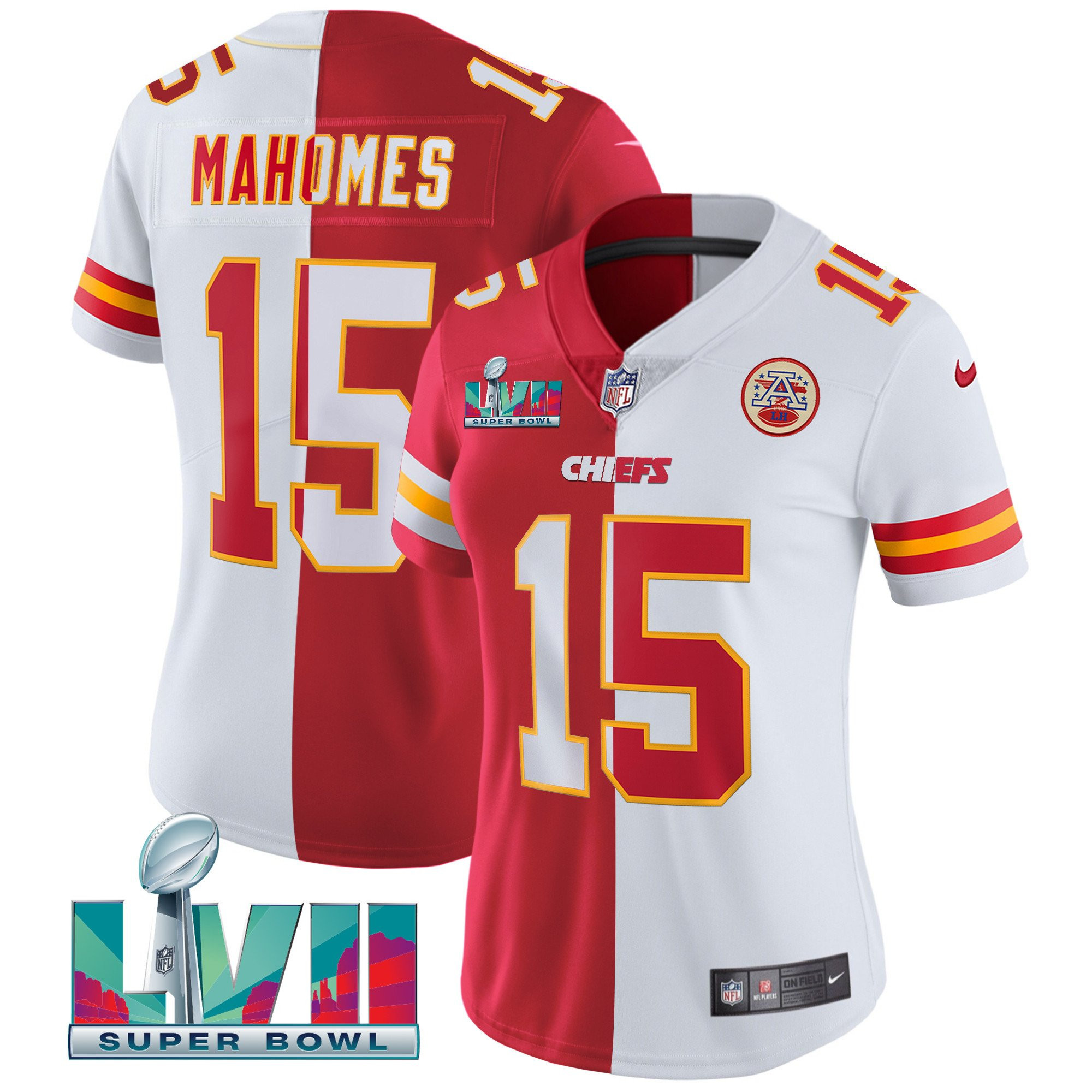 Patrick Mahomes Women's Kansas City Chiefs Super Bowl Vapor Gold Split Jersey - All Stitched 