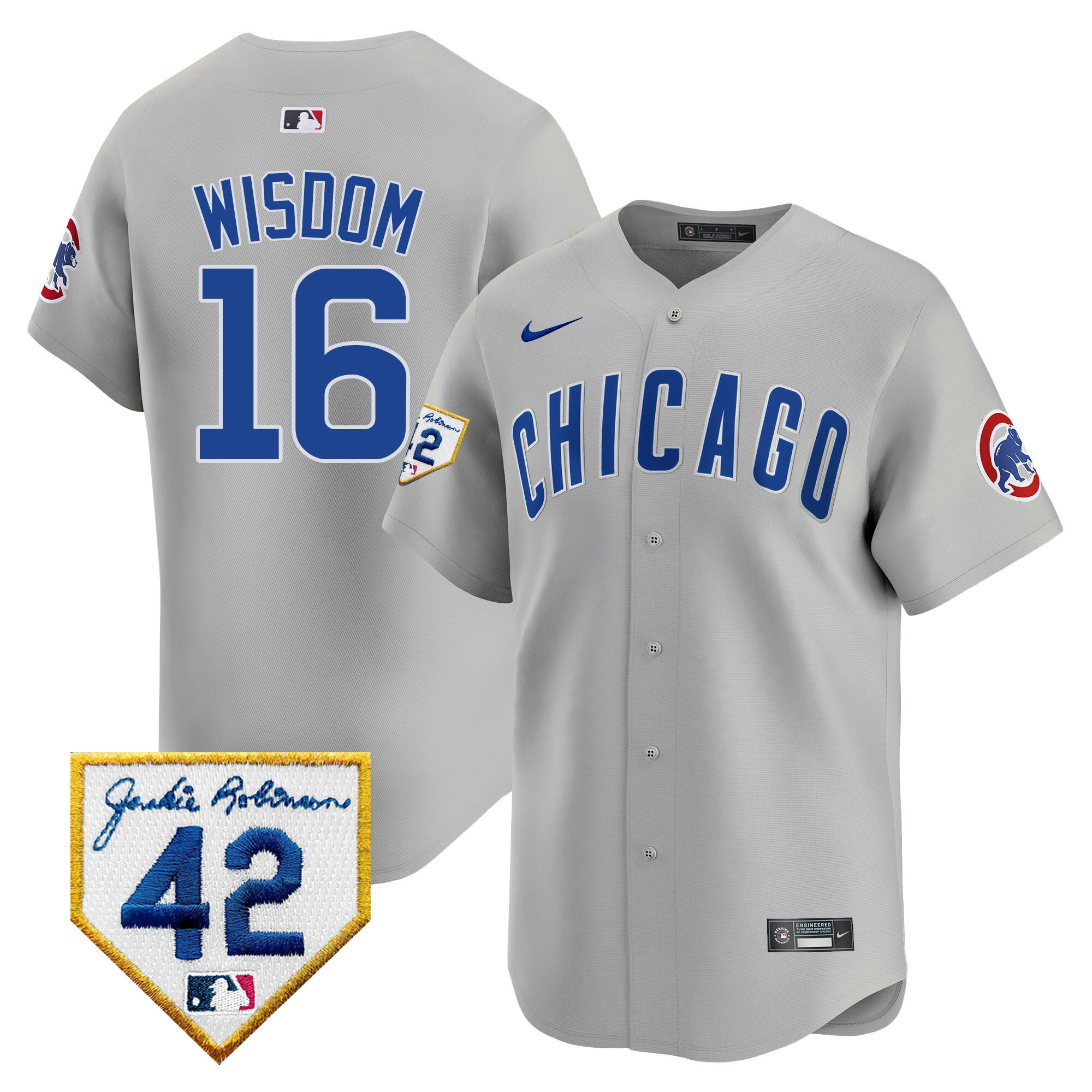 Patrick Wisdom Men's Chicago Cubs 2024 Jackie Robinson Patch Vapor Premier Limited Gray Road Jersey - All Stitched