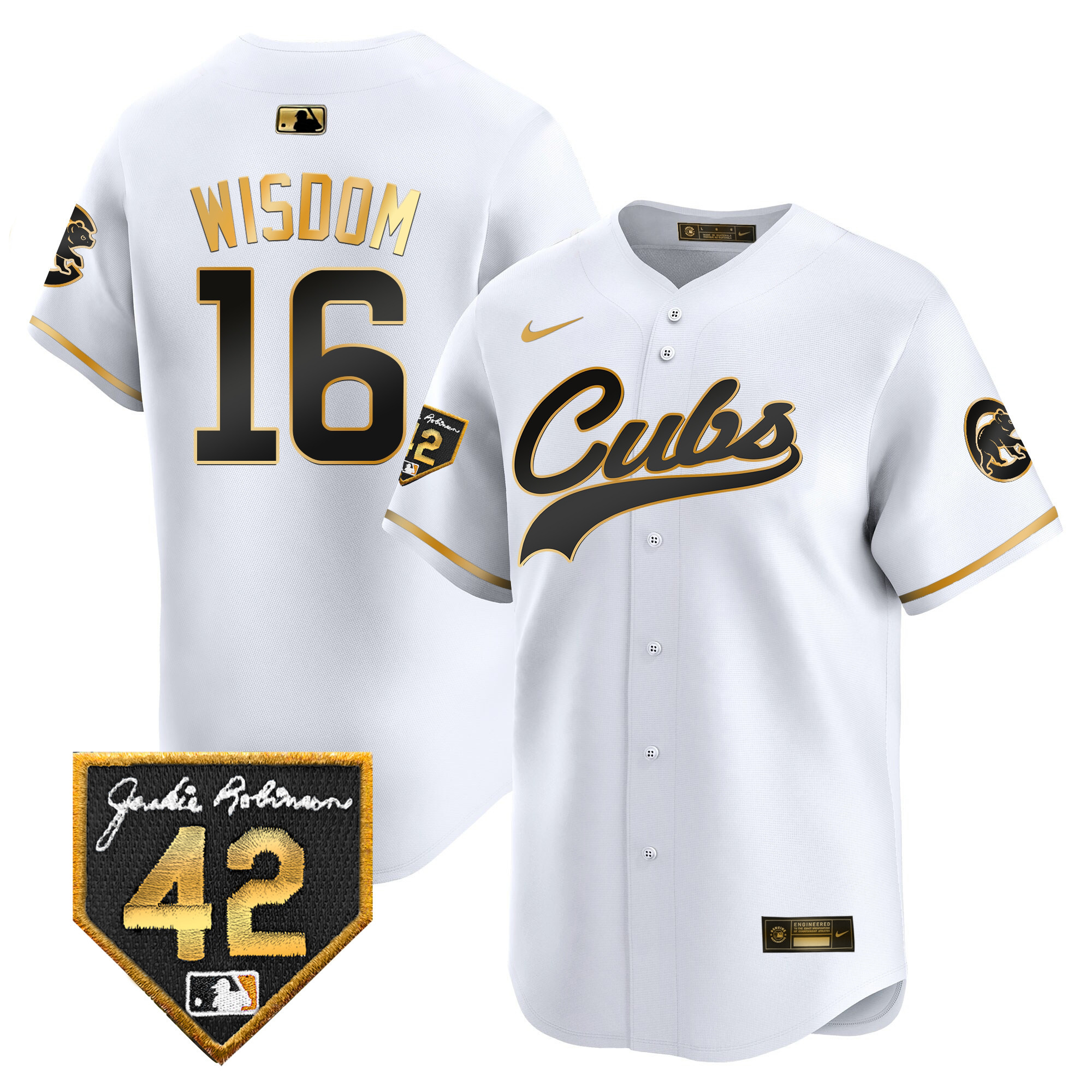 Patrick Wisdom Men's Chicago Cubs 2024 Jackie Robinson Patch Vapor Premier Limited White Gold Jersey - All Stitched