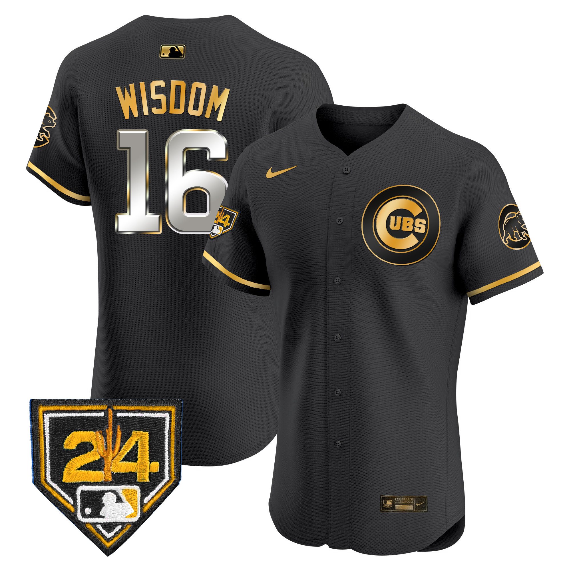 Patrick Wisdom Men's Chicago Cubs 2024 Spring Training Patch Vapor Premier Elite V2 Black Gold Jersey - All Stitched