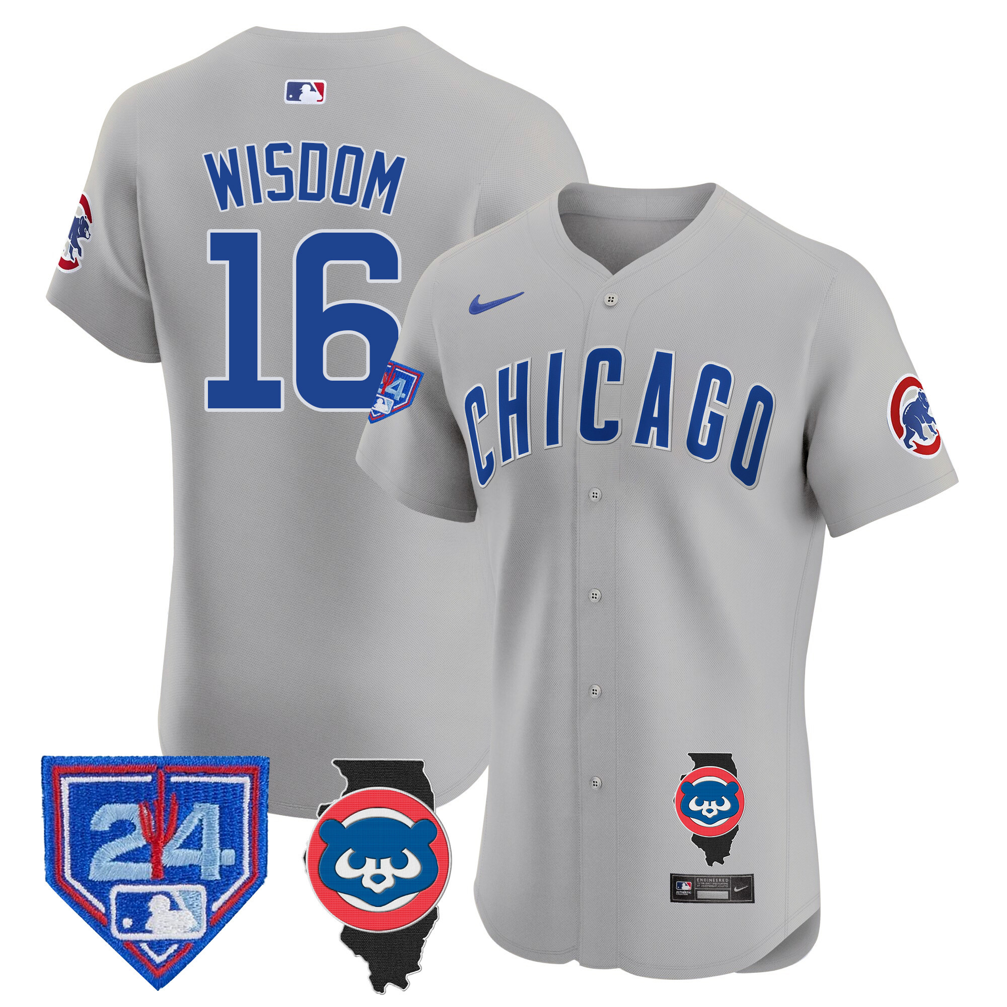 Patrick Wisdom Men's Chicago Cubs Spring Training & Illinois Patch Vapor Premier Elite Gray Road Jersey - All Stitched