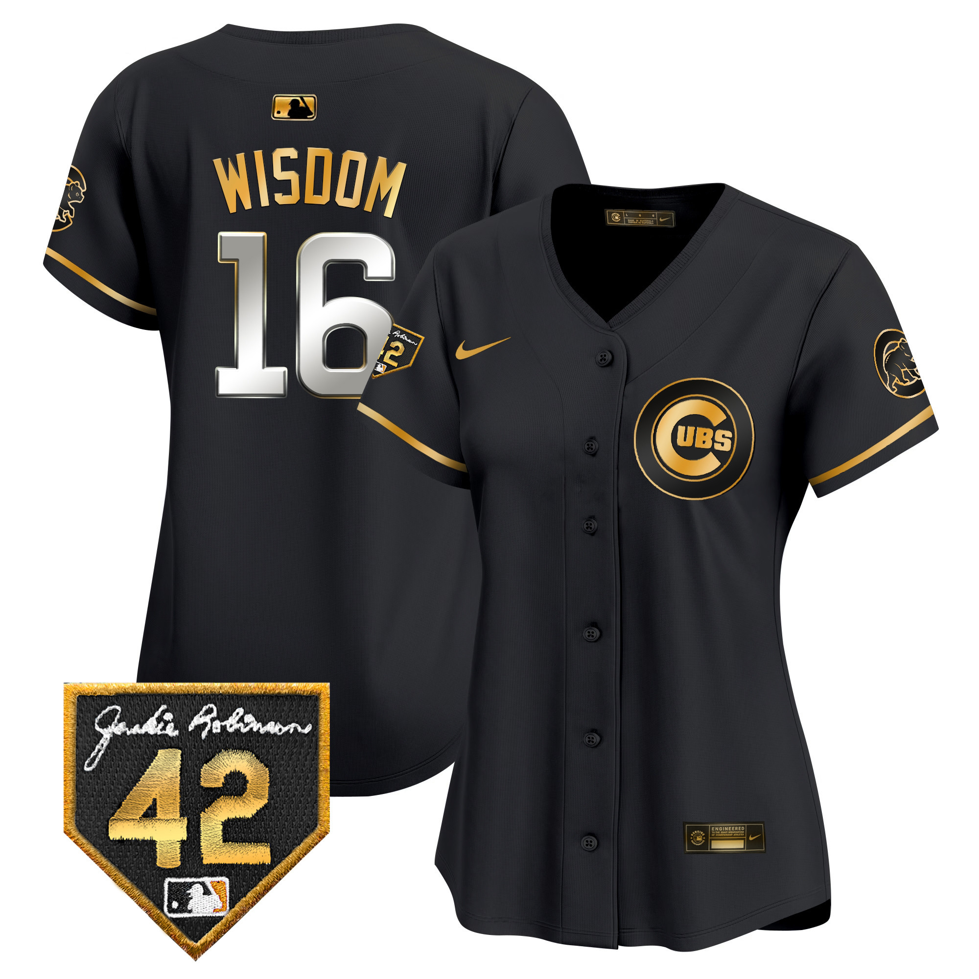 Patrick Wisdom Women's Chicago Cubs Jackie Robinson Patch Vapor Premier Limited V2 Black Gold Jersey - All Stitched
