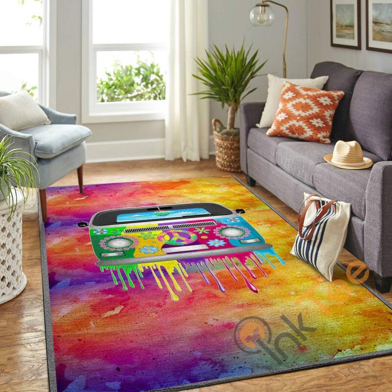 Peace Colourful Van Pattern In Hippie Soft Livingroom Carpet Highlight For Home Beautiful Rectangle Rug