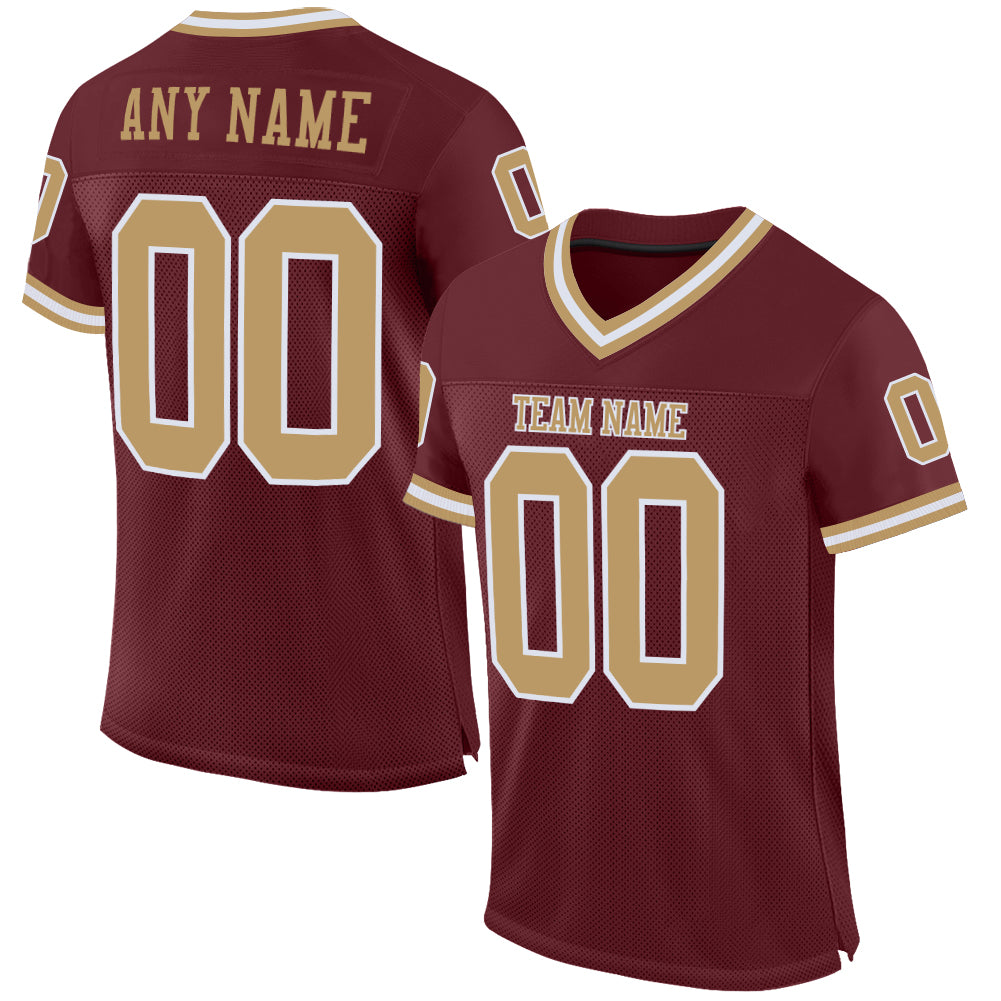 Custom Burgundy Old Gold-White Mesh Throwback Football Jersey