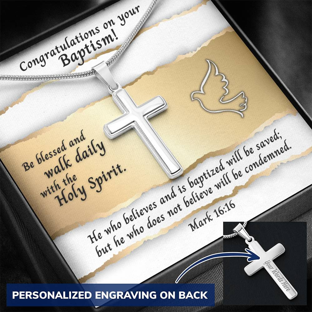 Personalized Cross Necklace and Baptism Card With Bible Verse Mark 16:16