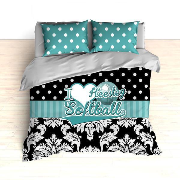 Personalized Damask Softball , S, Teal And Black Damask Duvet Cover Bedding Set