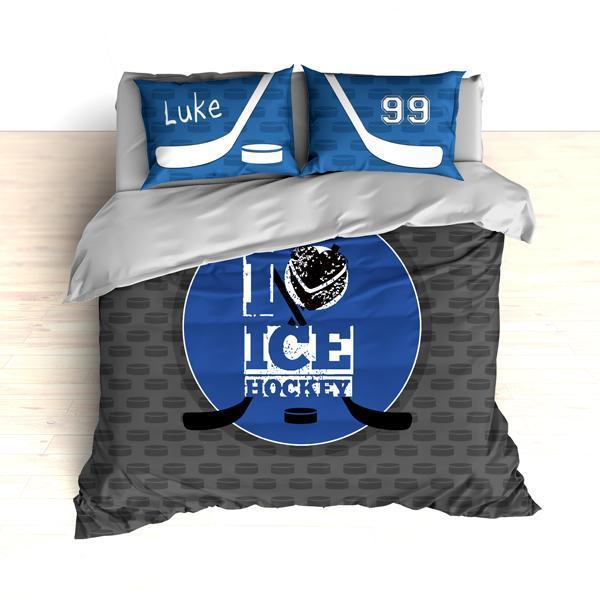 Personalized Hockey , Blue And Gray, Custom S For Hockey Themed Duvet Cover Bedding Set
