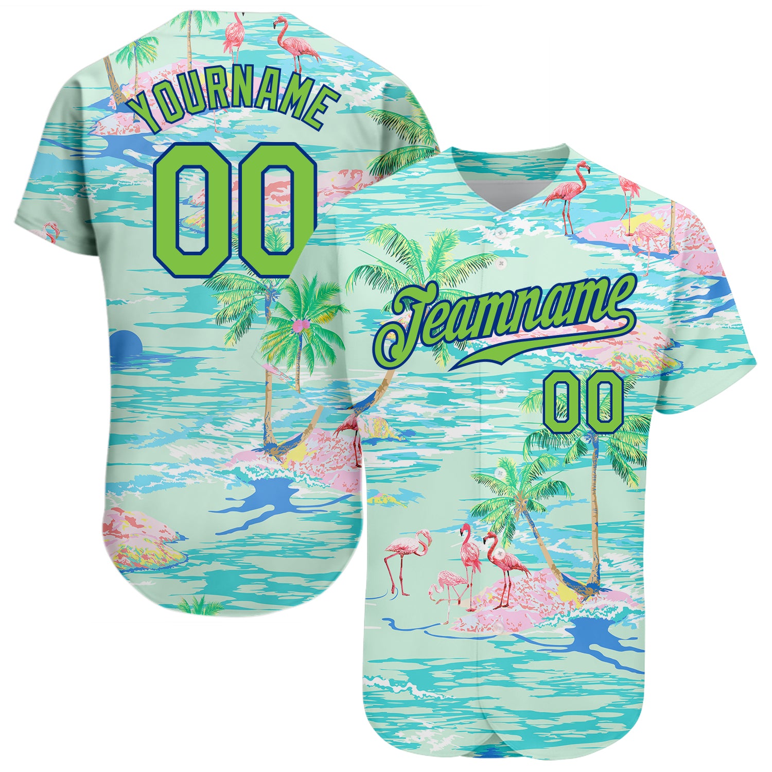 Custom Lakes Blue Neon Green-Royal 3D Pattern Design Beach Hawaii Palm Trees And Flamingo Printed Baseball Jersey