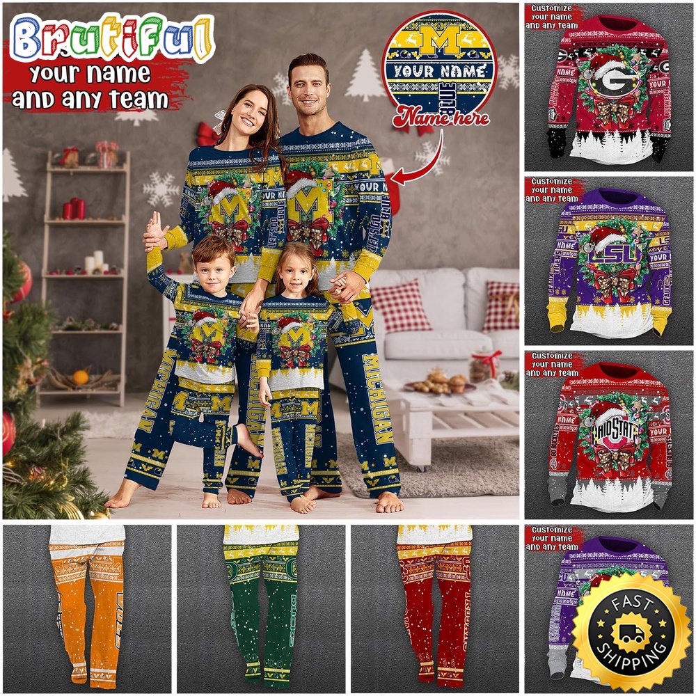 Personalized NCAA Customized Xmas Custom Pajamas For Sports Fan, Custom Sport PJ For Family NA44873