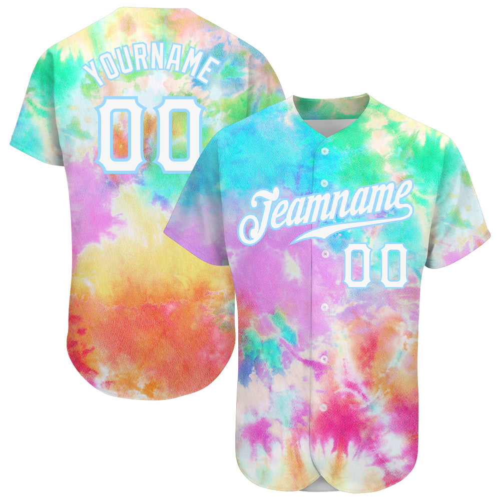 Custom Tie Dye White-Light Blue 3D Rainbow Printed Baseball Jersey