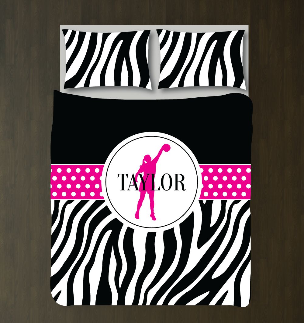 Personalized Zebra Print Basketball Custom Gift For Girls And Teen Athletes Basketball Player Themed White, Black, Hot Pink 3D Customized Duvet Cover Bedding Set