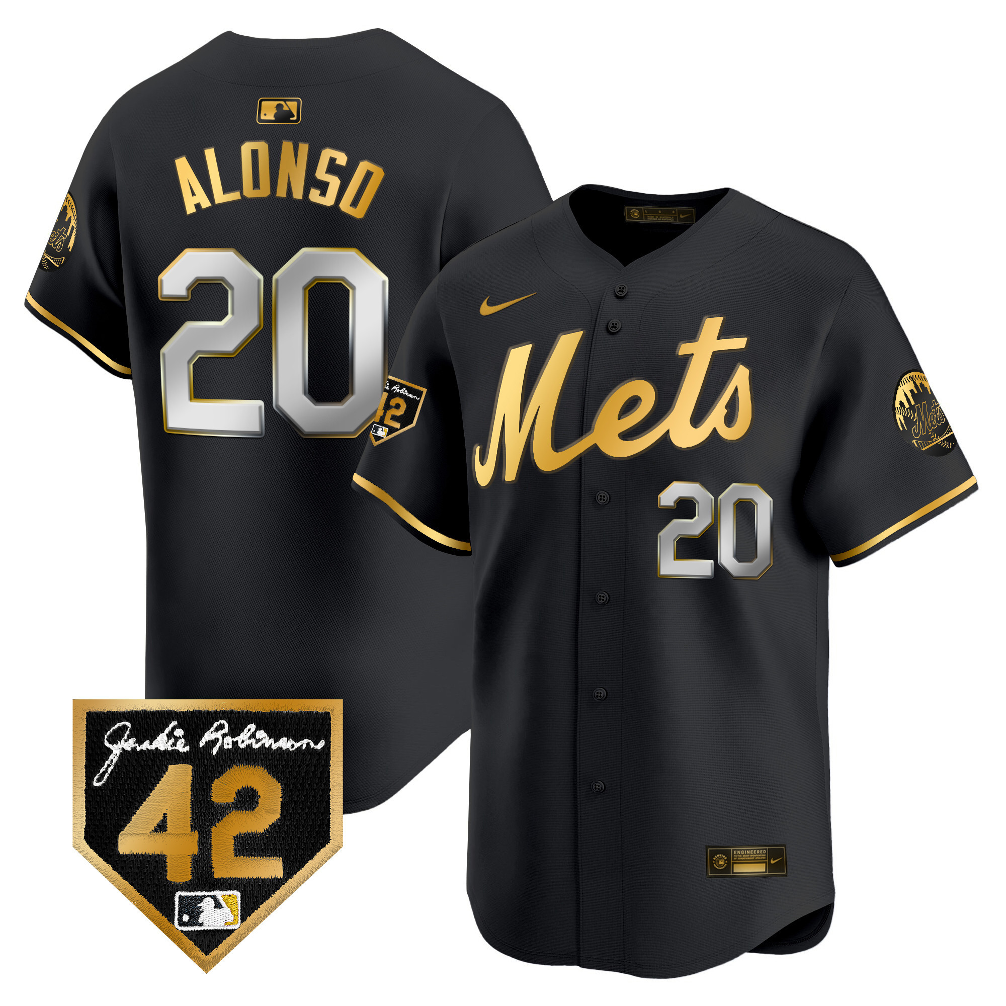 Pete Alonso Men's New York Mets 2024 Jackie Robinson Patch Vapor Premier Limited Black Gold Jersey - All Stitched