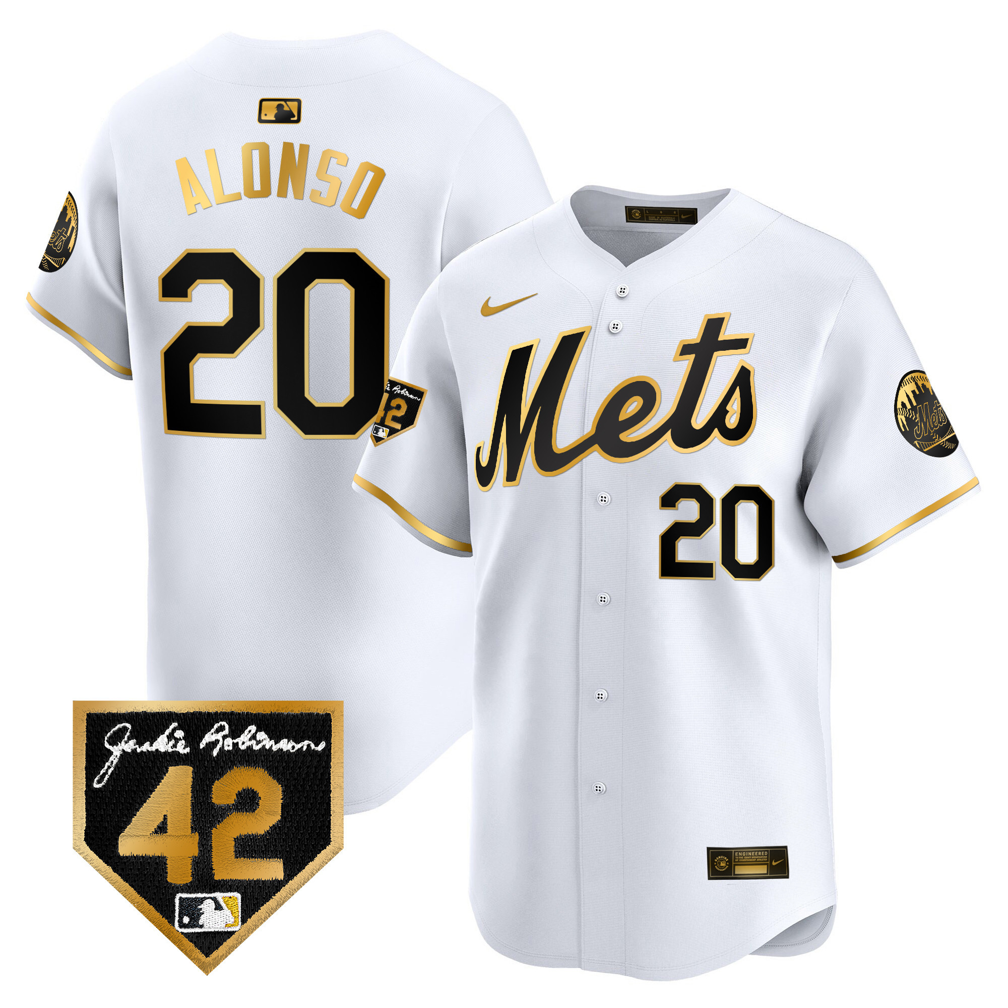 Pete Alonso Men's New York Mets 2024 Jackie Robinson Patch Vapor Premier Limited White Gold Jersey - All Stitched